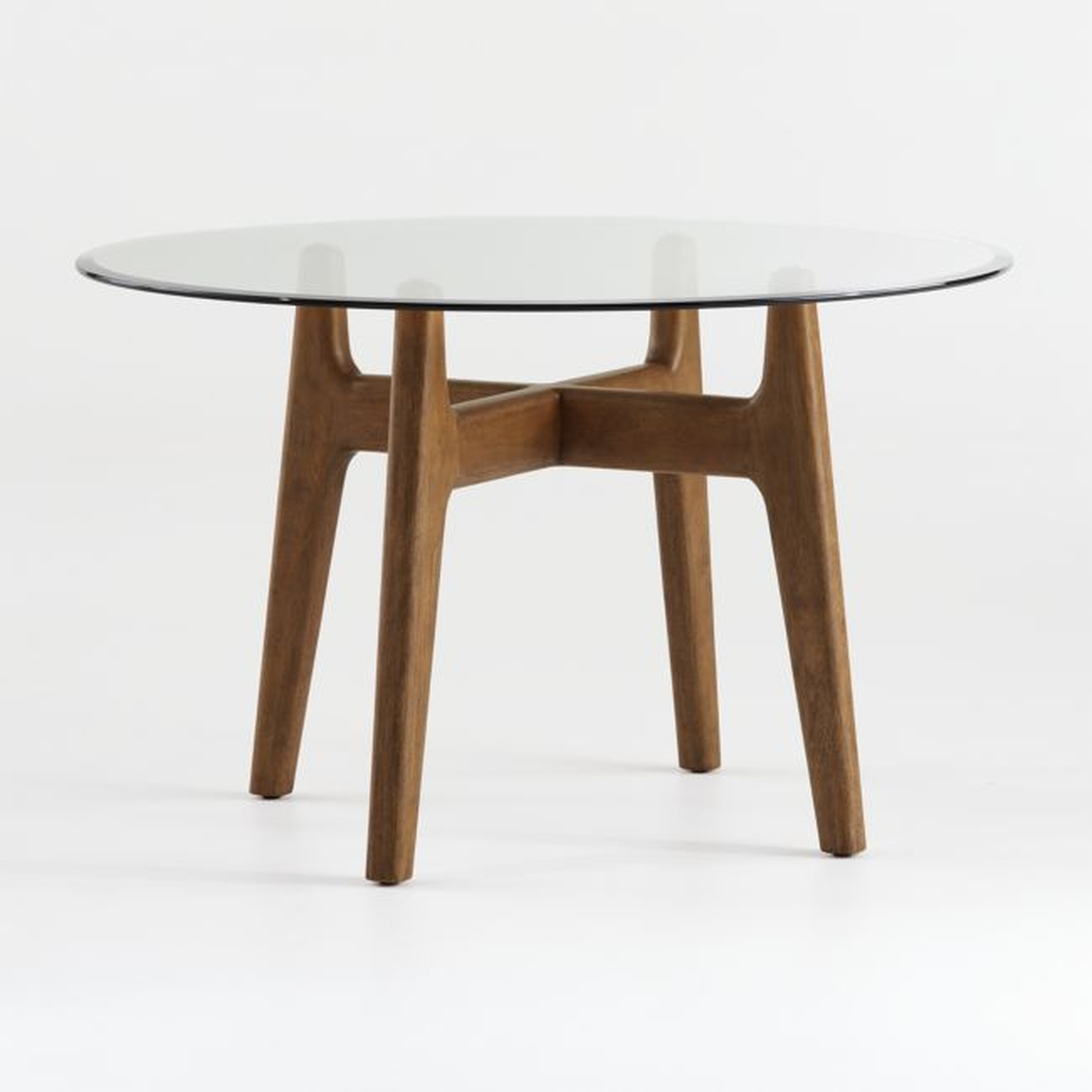Tate 48" Round Dining Table with Glass Top and Walnut Base - Crate and Barrel