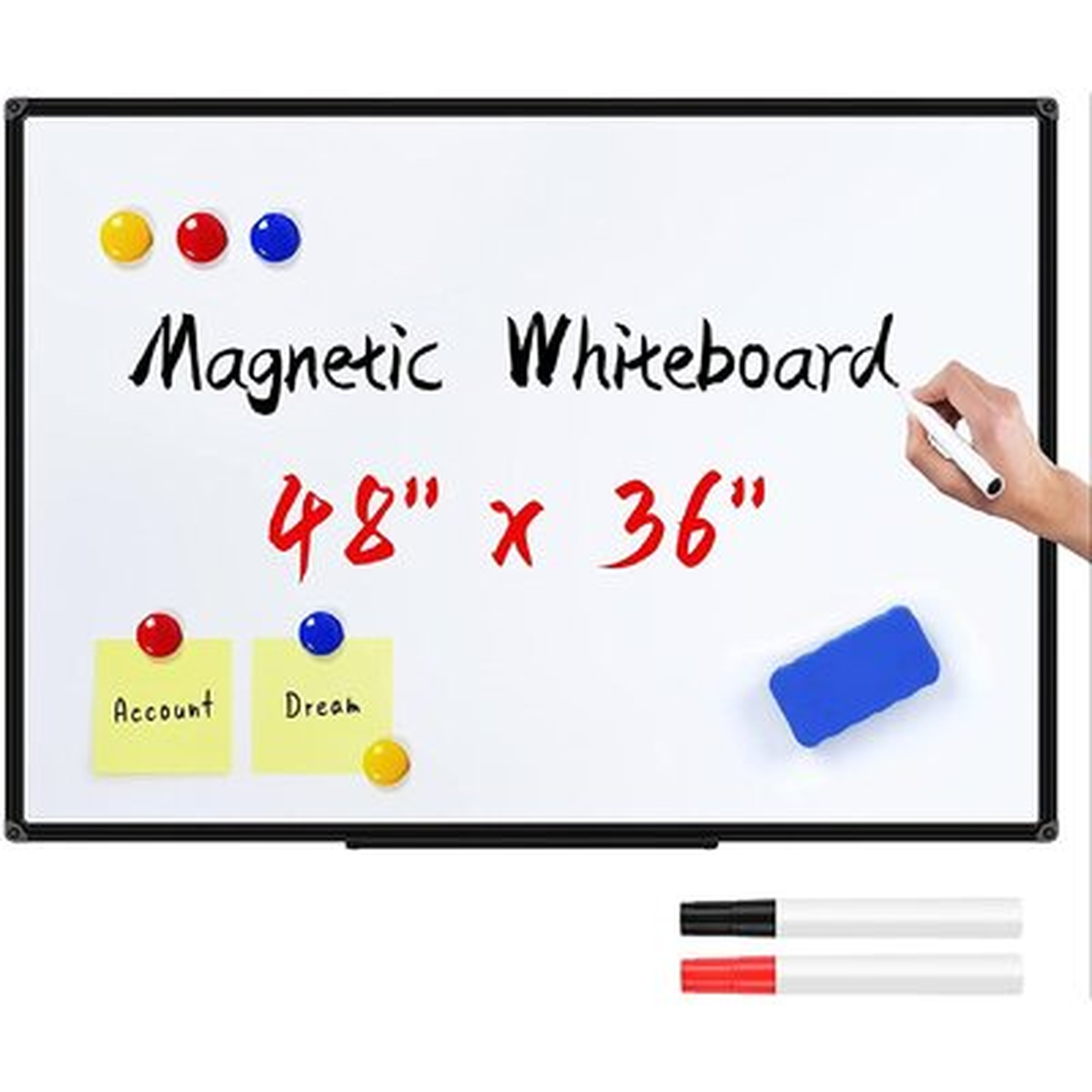 Magnetic Dry Erase Whiteboard 48 X 36 Inch, 4 X 3 Large White Board, Black Wall-Mounted Aluminum Frame, Magnetic Eraser, 2 Whiteboard Pen, Detachable Marker Tray, 6 Magnets For Office, School - Wayfair