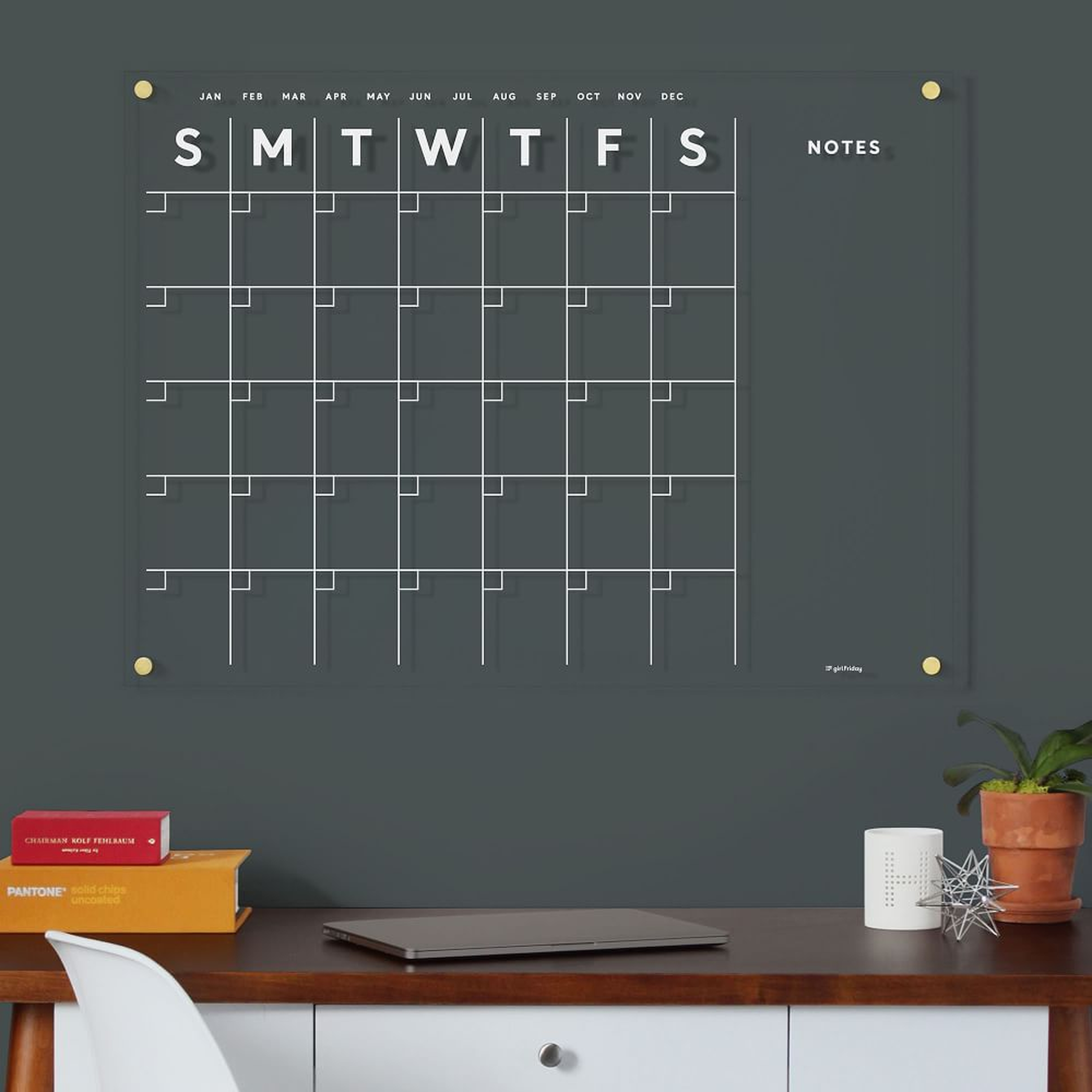 Acrylic Calendar, Side Notes, White Text, Gold Hardware, Large - West Elm