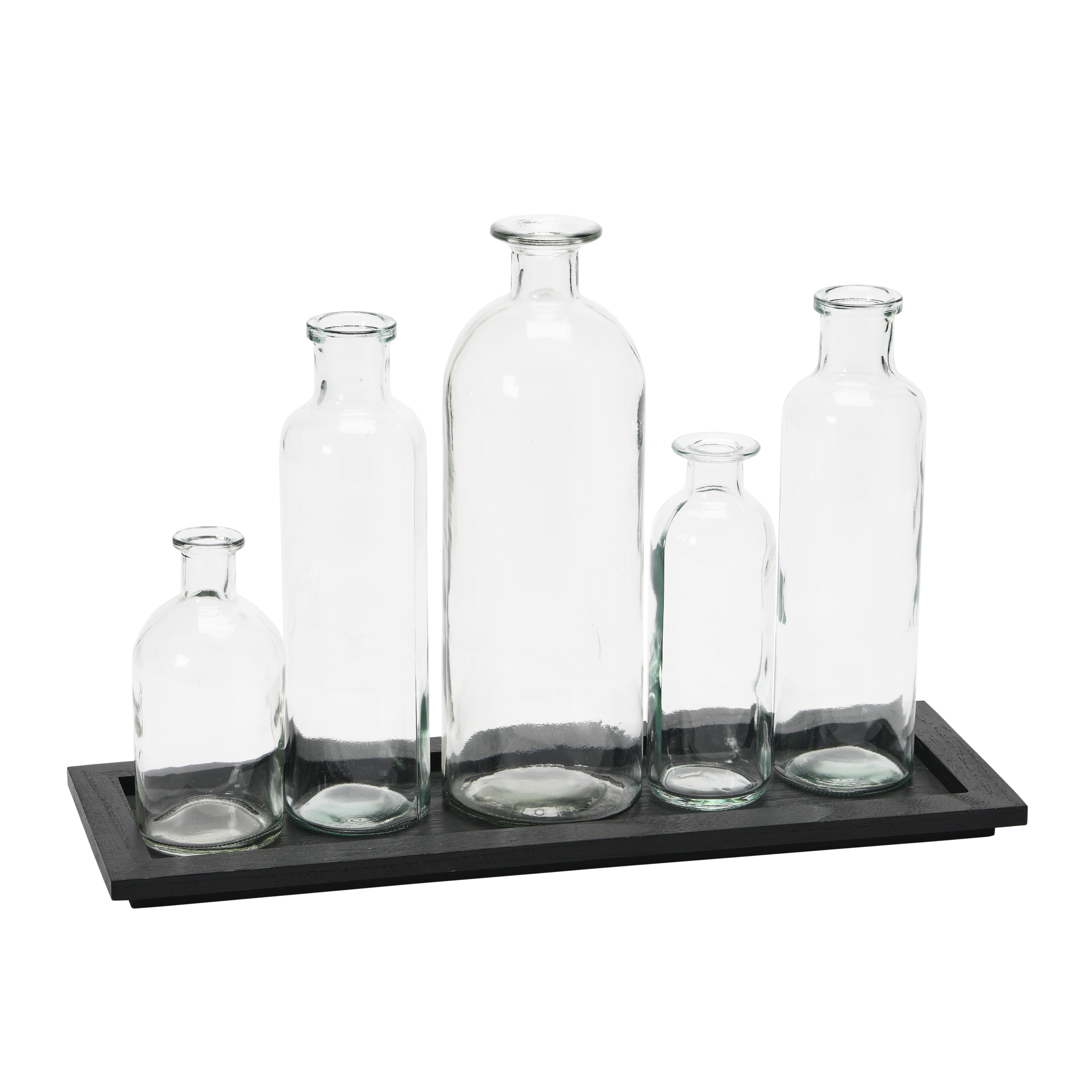 Black Wood Tray with Glass Bottle Vases, Set of 5 Sizes - Creative Co-Op