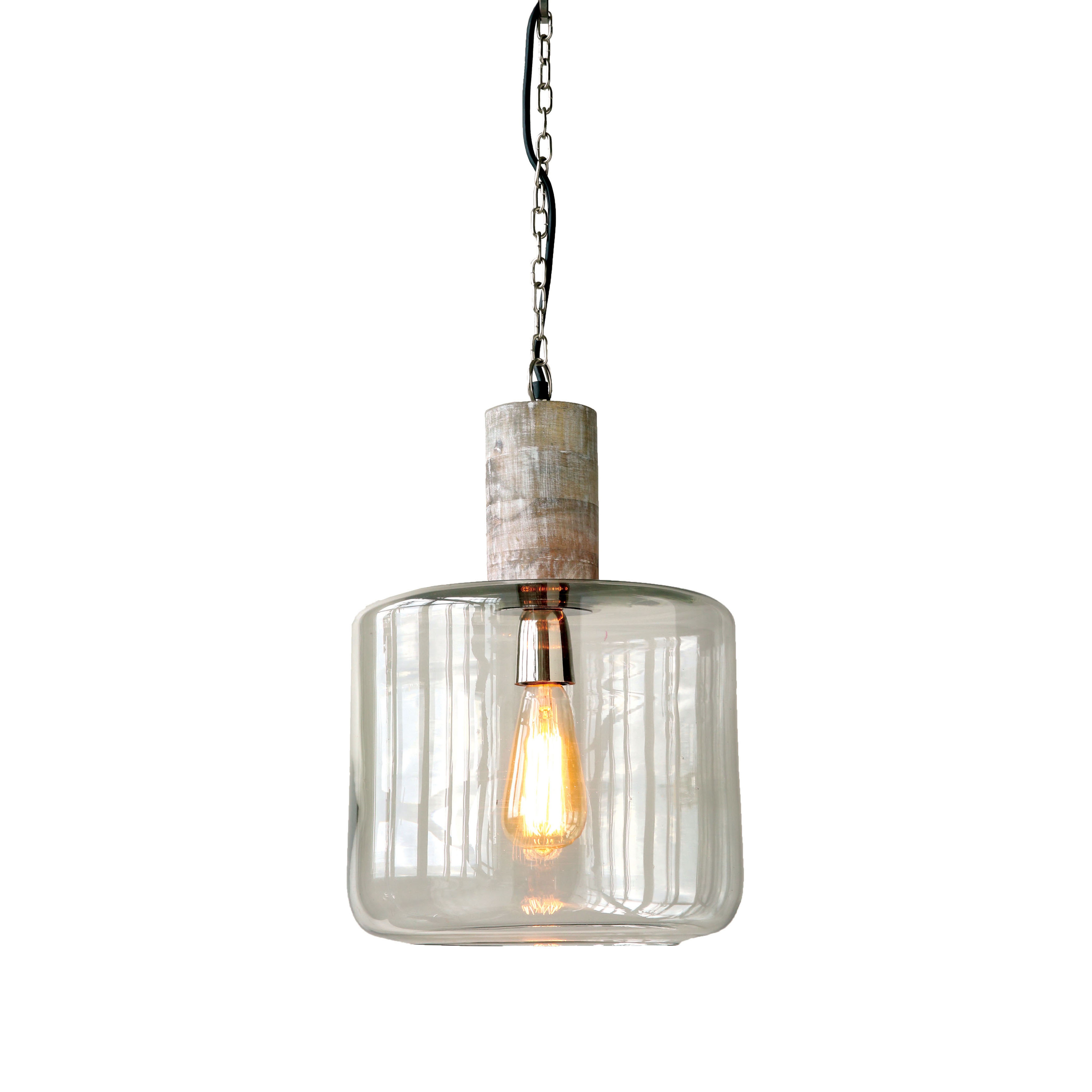 Round Clear Glass & Mango Wood Hanging Pendant Light - Nomad Home