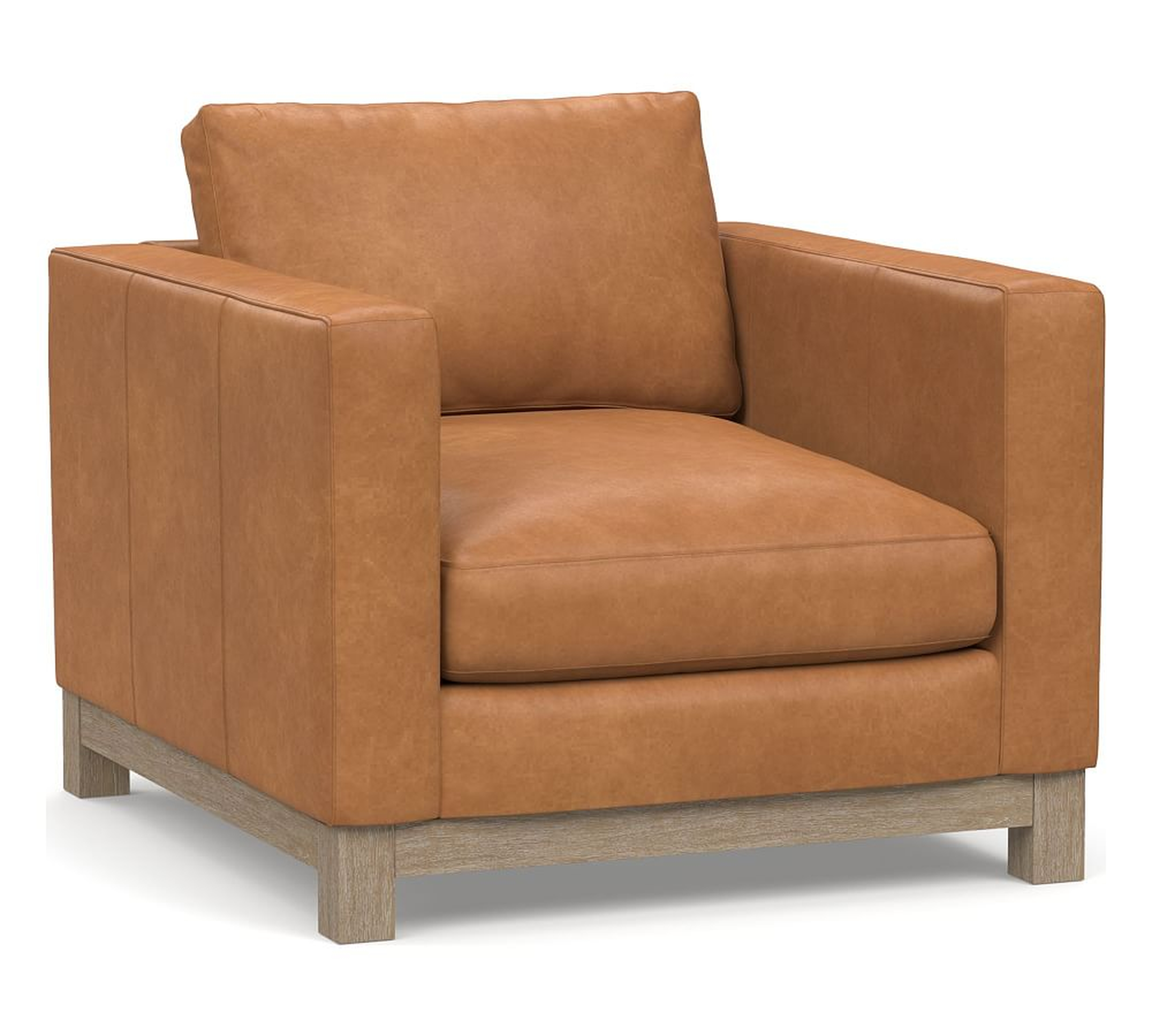 Jake Leather Armchair with Wood Legs, Down Blend Wrapped Cushions Churchfield Camel - Pottery Barn
