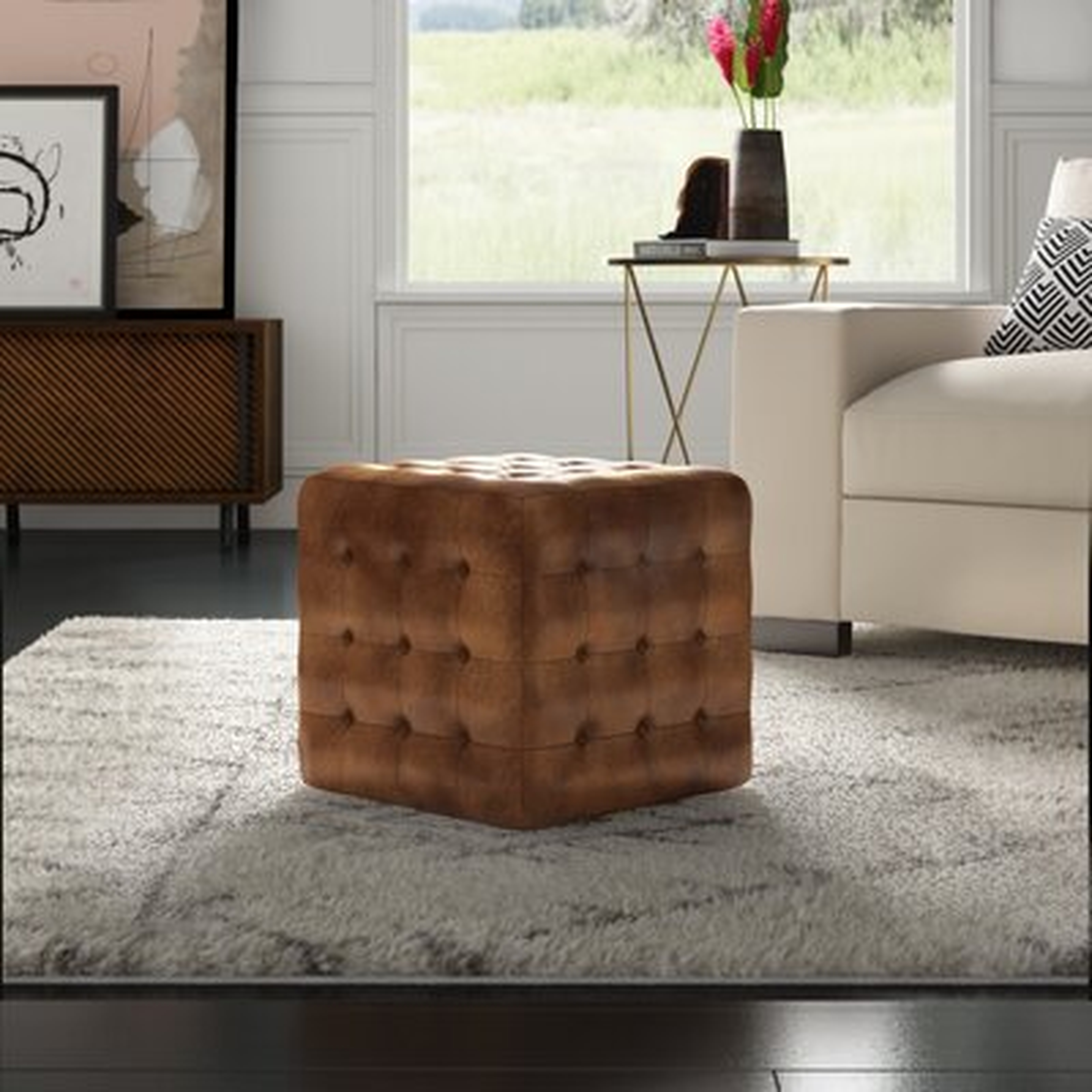 Elgin 16" Genuine Leather Tufted Square Cube Ottoman - Wayfair