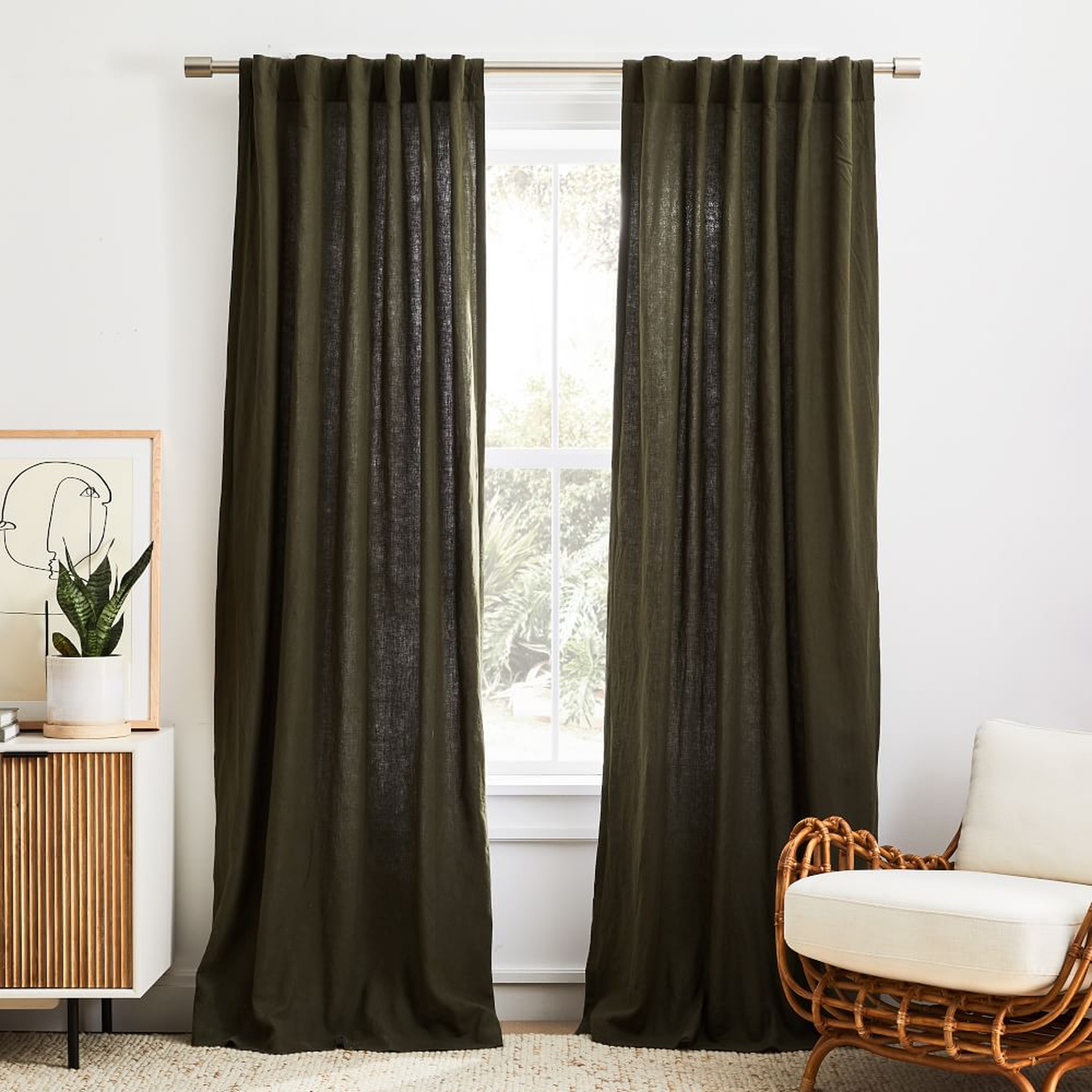 European Flax Linen Curtain, Dark Olive, 48"x96" - West Elm