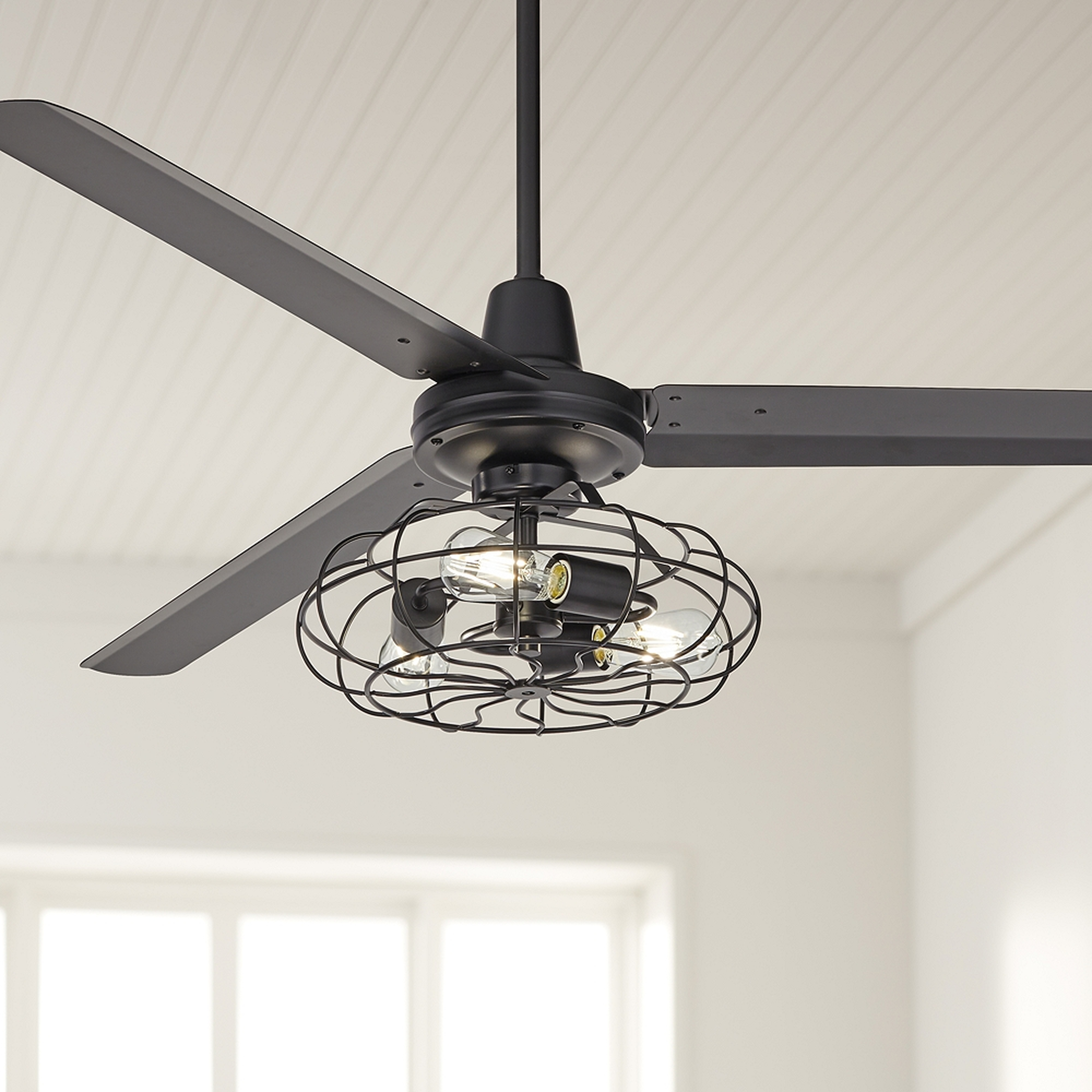 60" Turbina Matte Black Ceiling Fan with Caged 3-Light LED Kit - Style # 94T09 - Lamps Plus