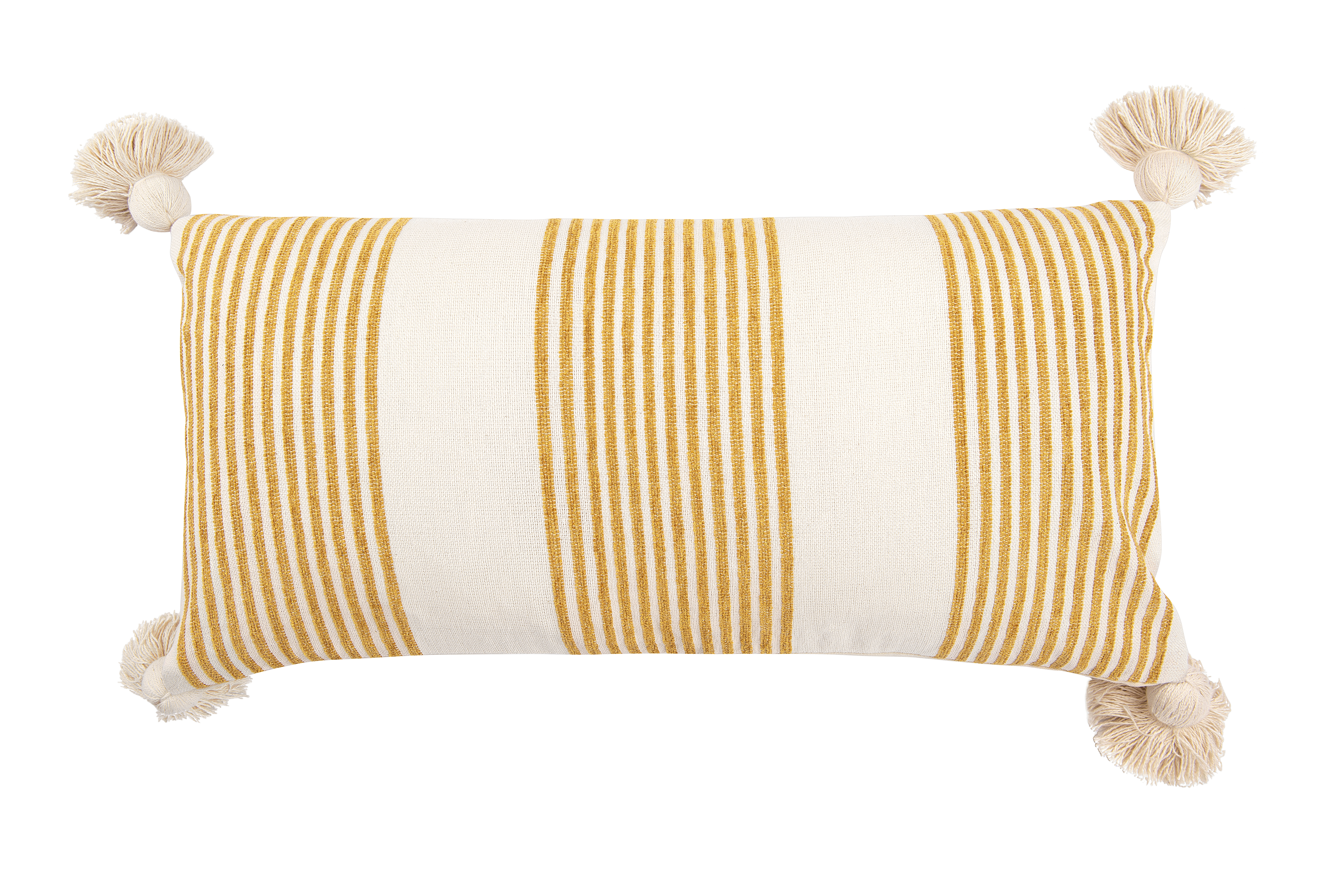 Cream Cotton & Chenille Pillow with Vertical Mustard Stripes, Tassels & Solid Cream Back - Nomad Home