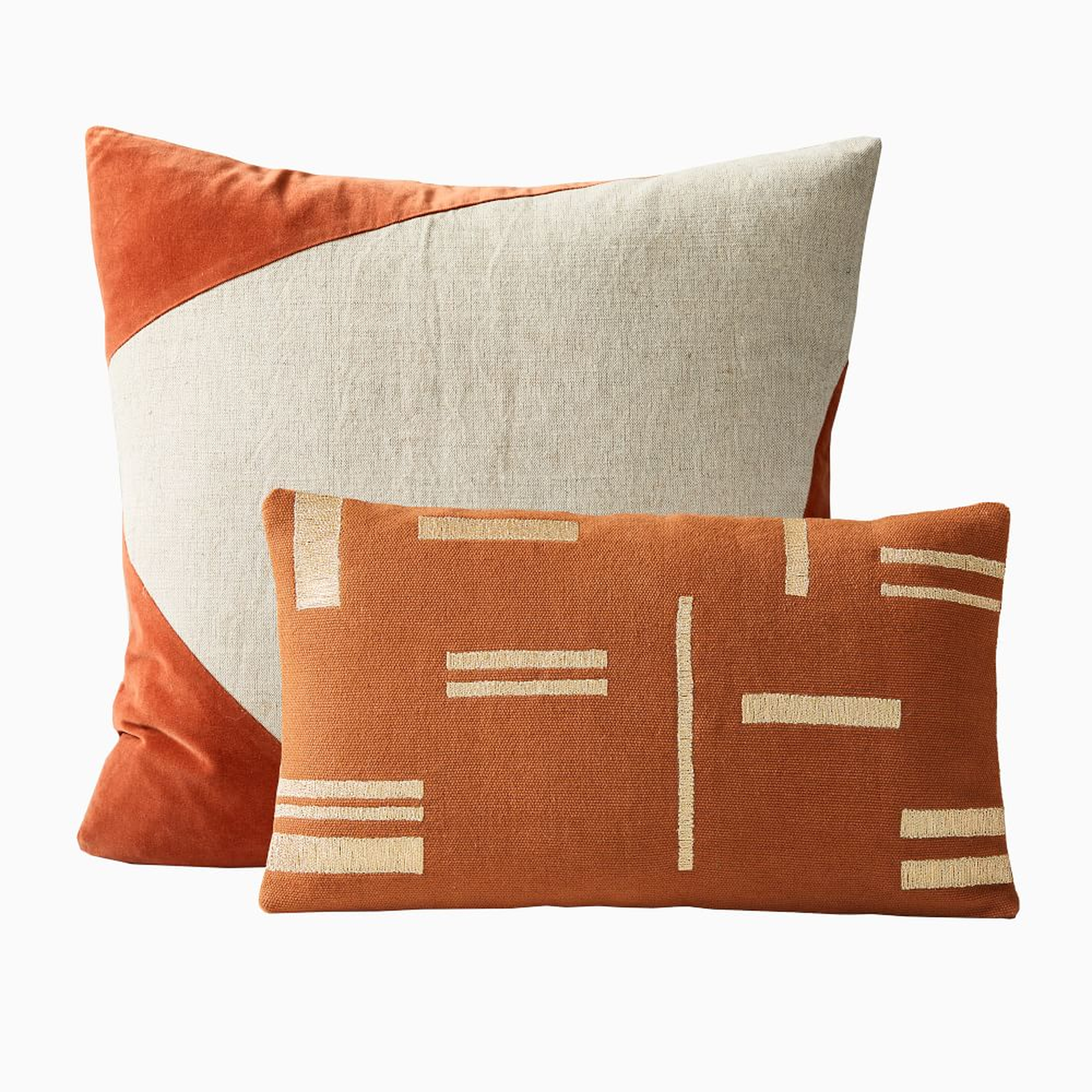 Cotton Linen & Velvet Corners & Metallic Blocks Pillow Cover Set, Copper, Set of 2 - West Elm