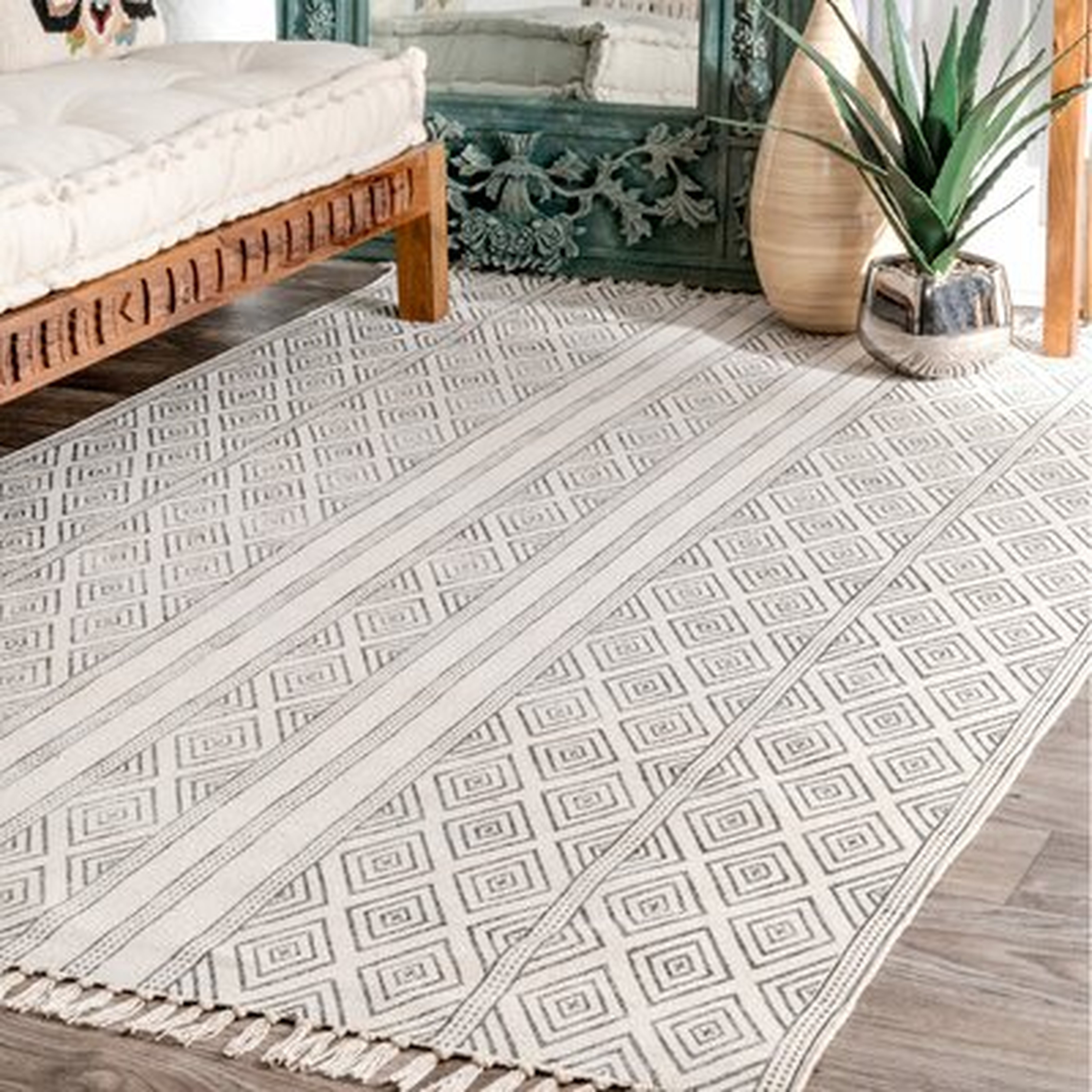 Ilford Geometric Hand Knotted Cotton Off White/Black Rug - Wayfair