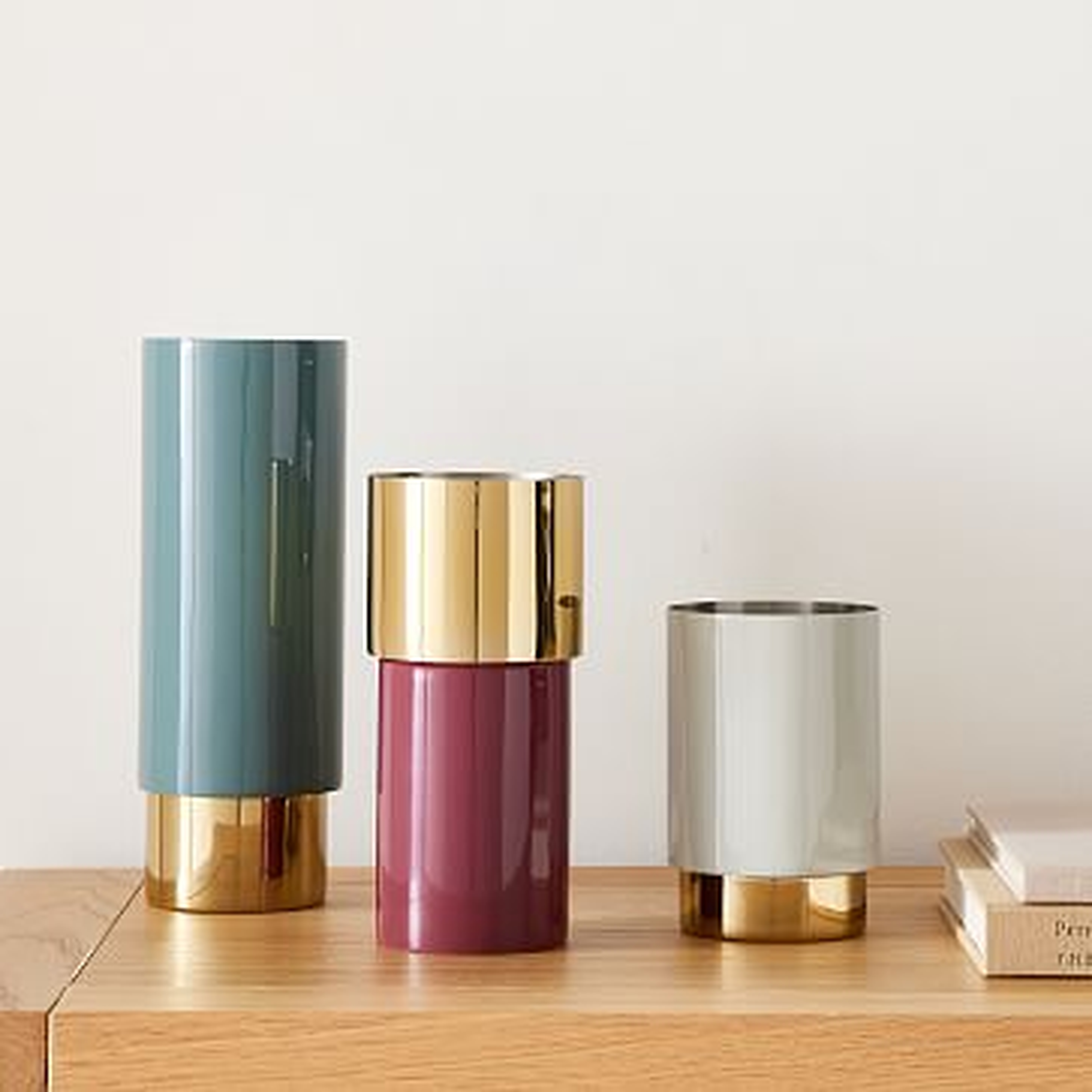 Brass And Enamel Tube Vase, Light Grey And Wine And Ocean, Small Medium And Large, Set of 3 - West Elm