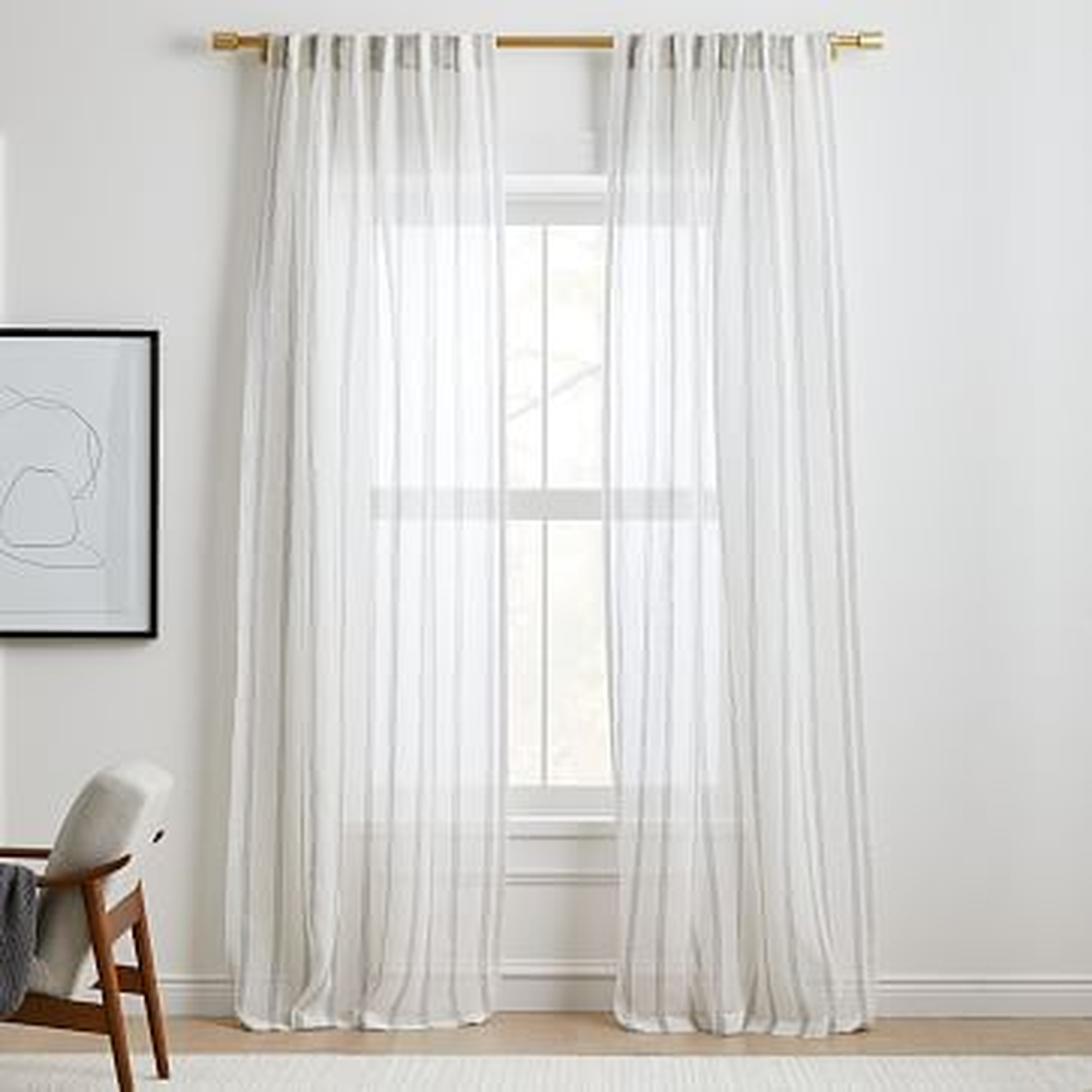 Sheer Linen Cotton Mini Stripe Curtain, White/Slate, 48"x108" - West Elm