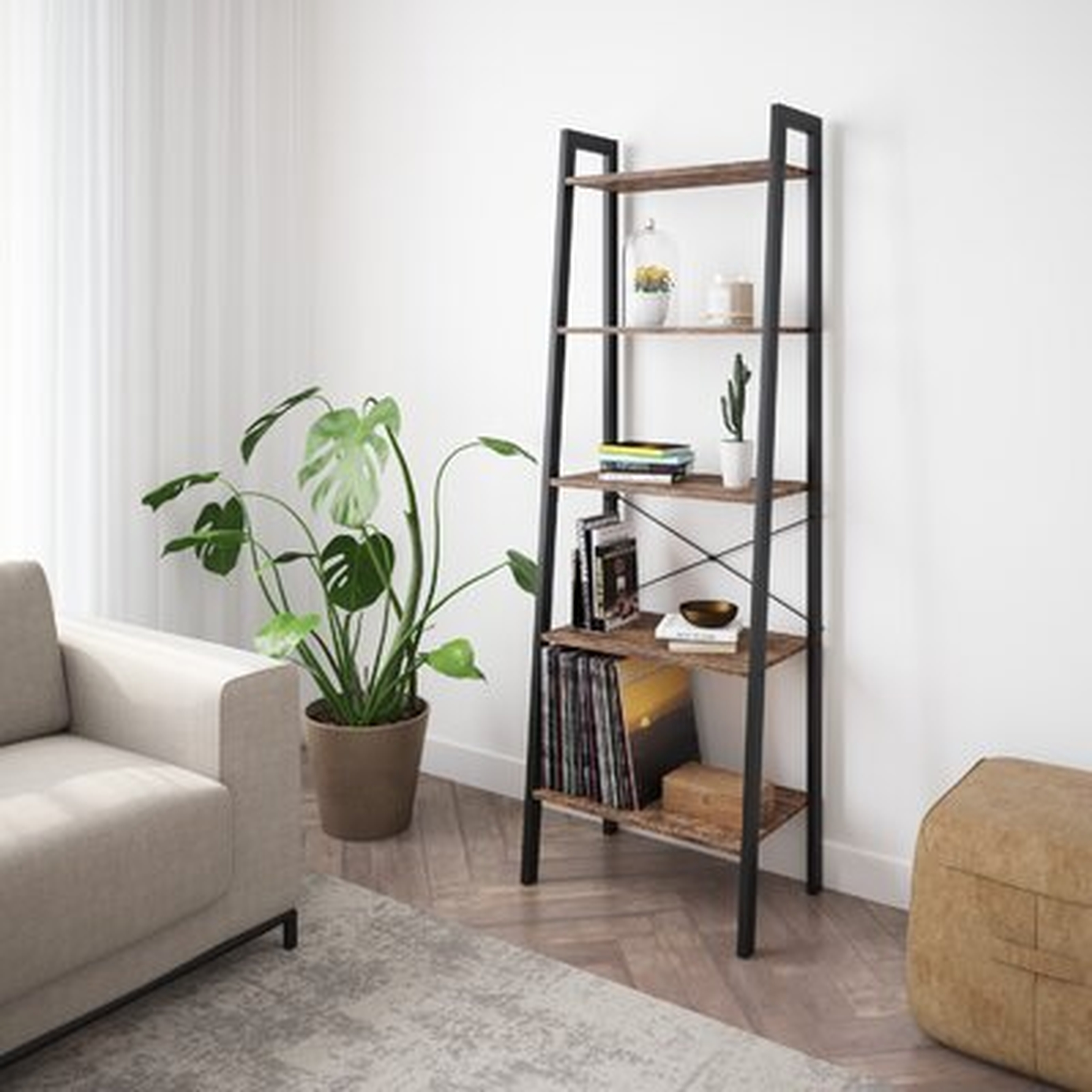Industrial Bookshelf, 4-Tier Ladder Shelf With Metal Frame, Rustic Brown - Wayfair