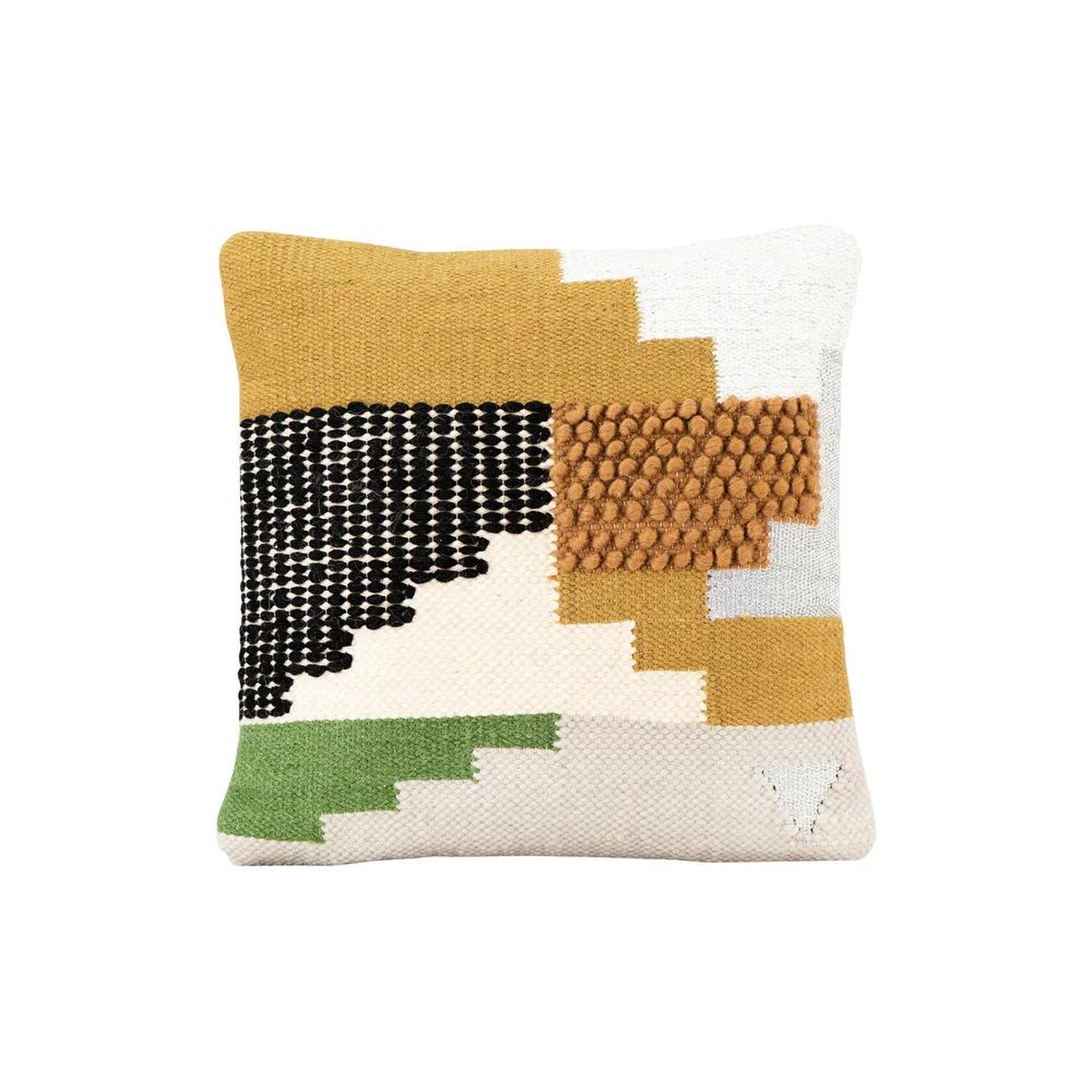 Handwoven Wool Kilim Pillow, White, Yellow, Green & Black, 20" x 20" - Nomad Home