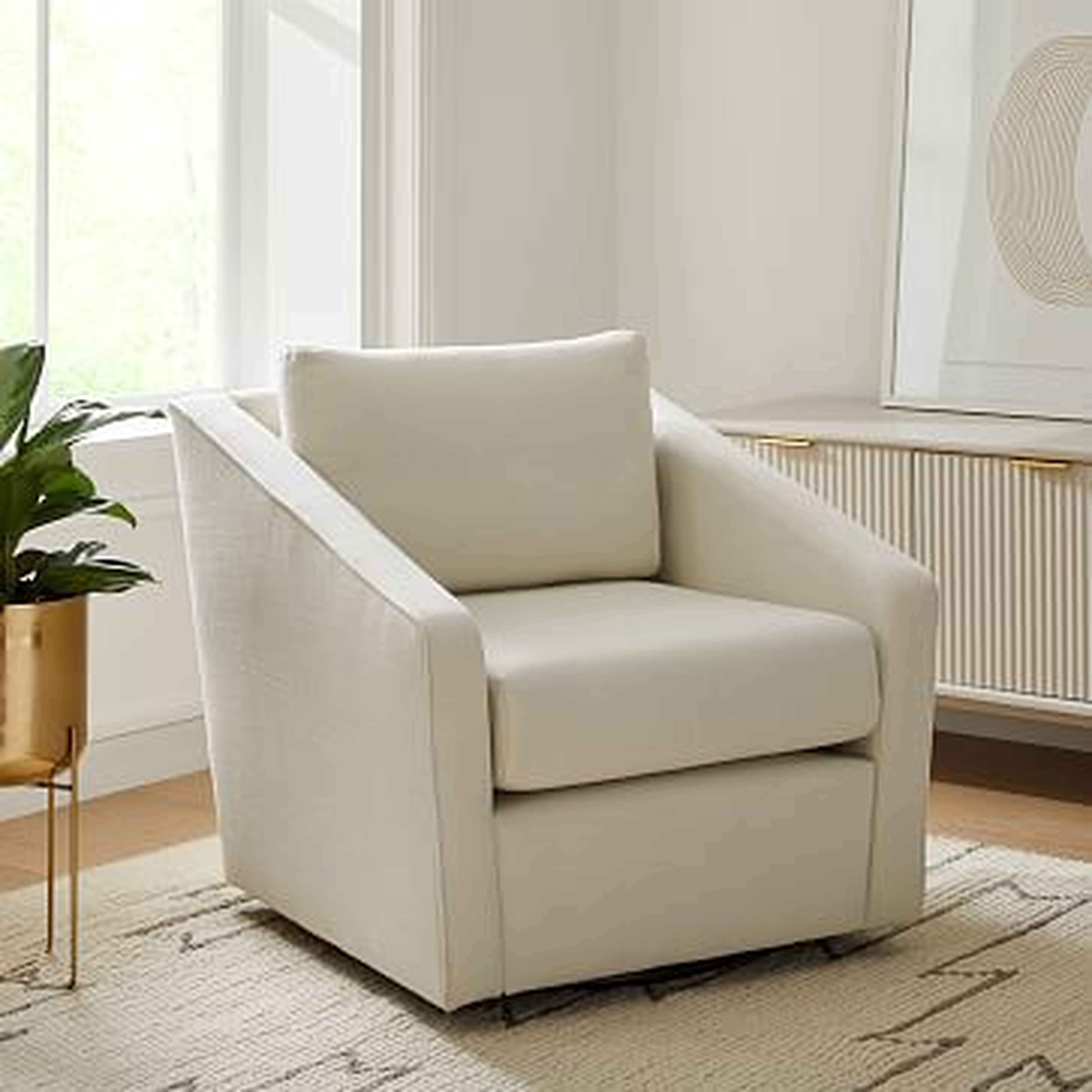 Tessa Swivel Chair, Poly, Performance Washed Canvas, Stone White, Concealed Support - West Elm