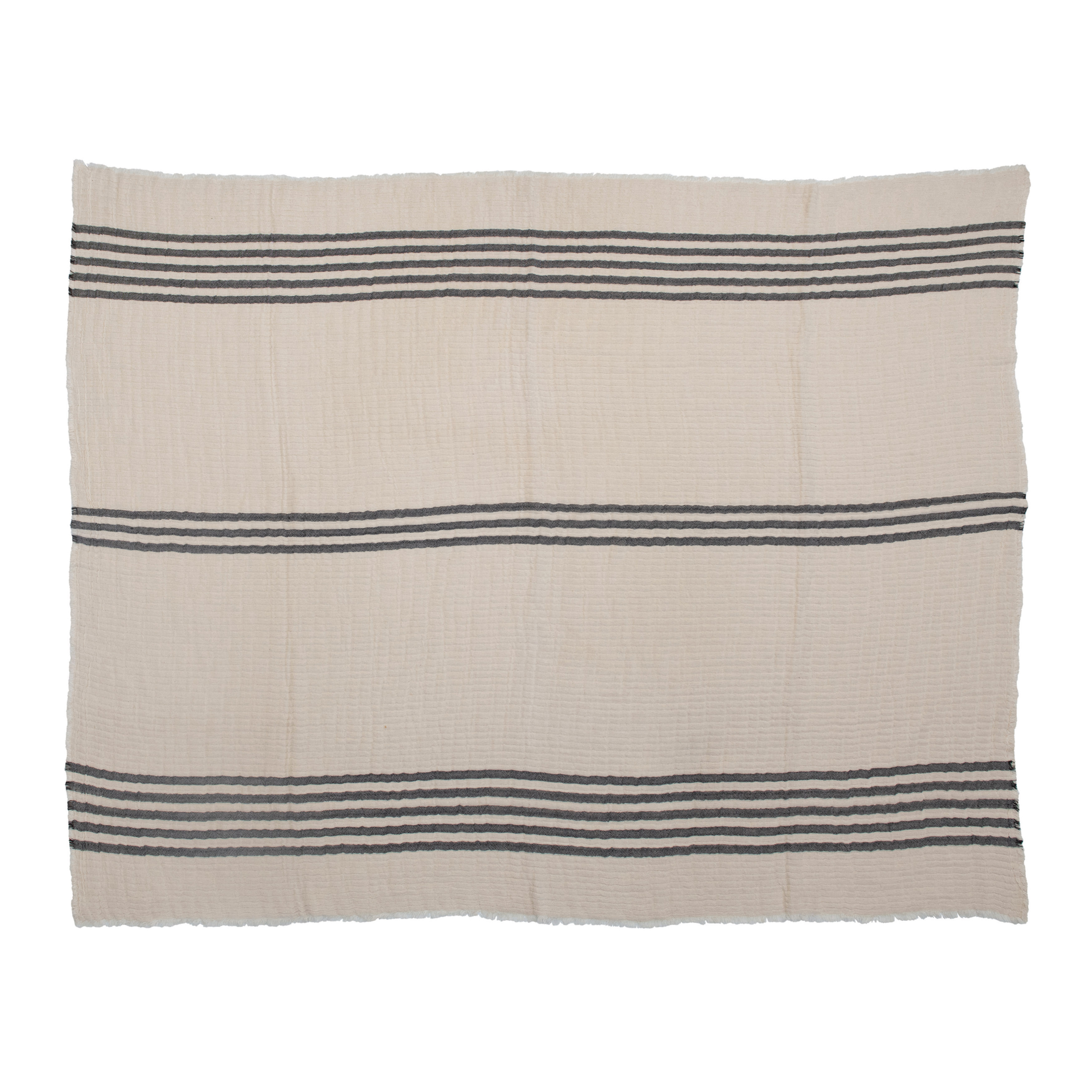 Coastal Black and White Stripe Woven Cotton Double Cloth Stitched Throw Blanket and Frayed Edges - Nomad Home