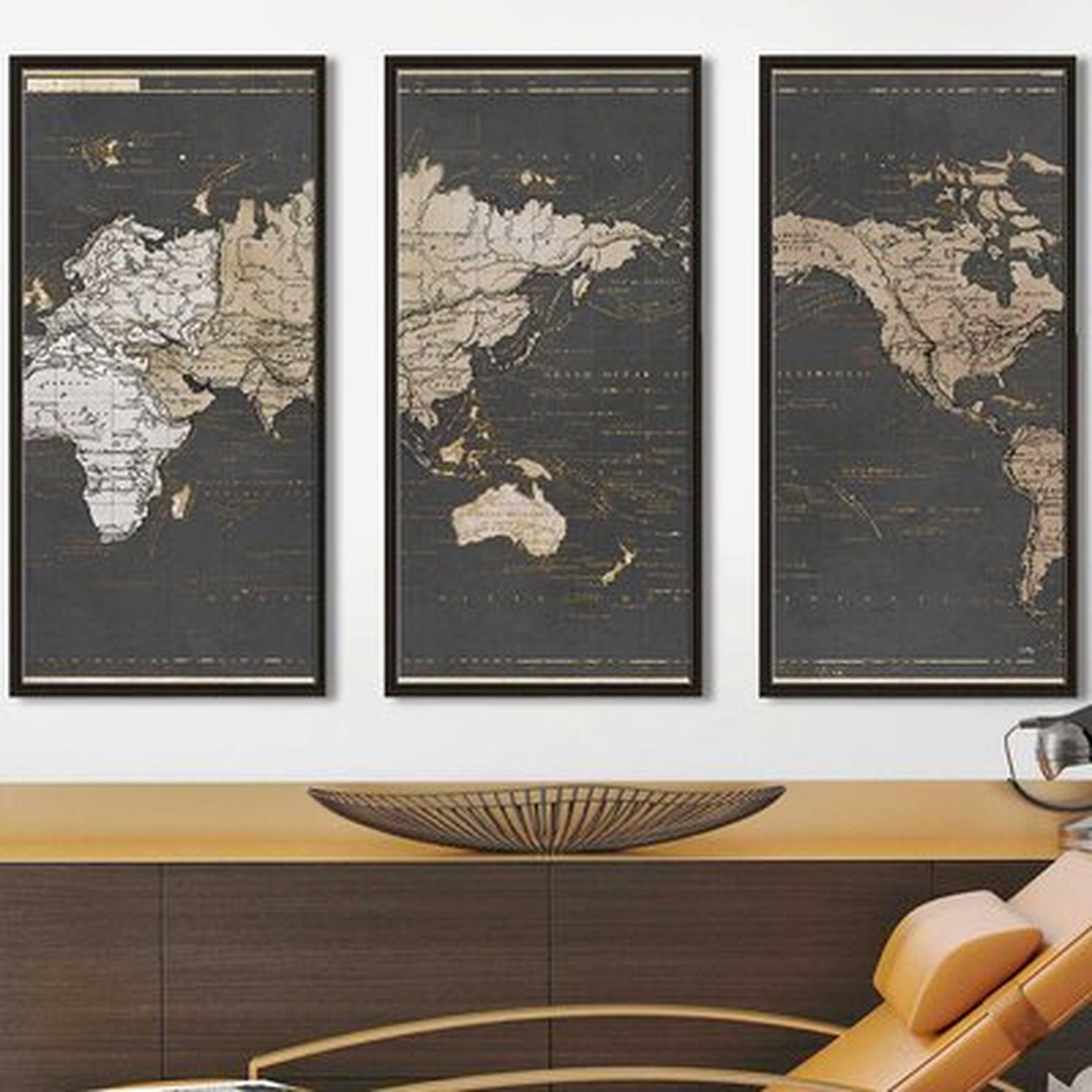 World Map In Gold And Grey - 3 Piece Floater Frame Print on Canvas - Wayfair