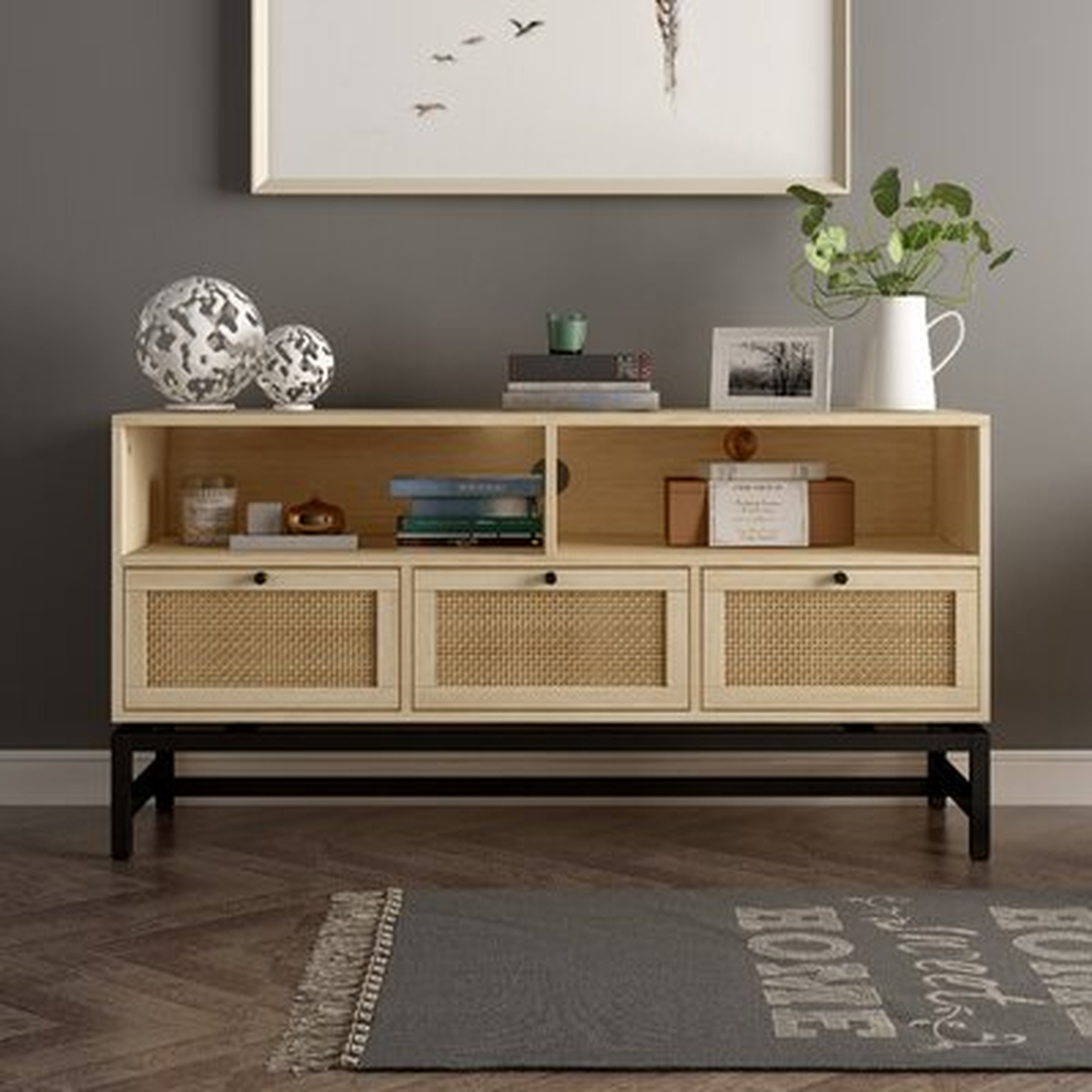 Quaint&Rustic TV Stand,3 Drawer With Rattan Elements,Unique And Natural TV Cabinet,Black Metal Frame,With Cable Management ,Can As Side Cabinet ,Locker,For Living Room Or Bedroom - Wayfair