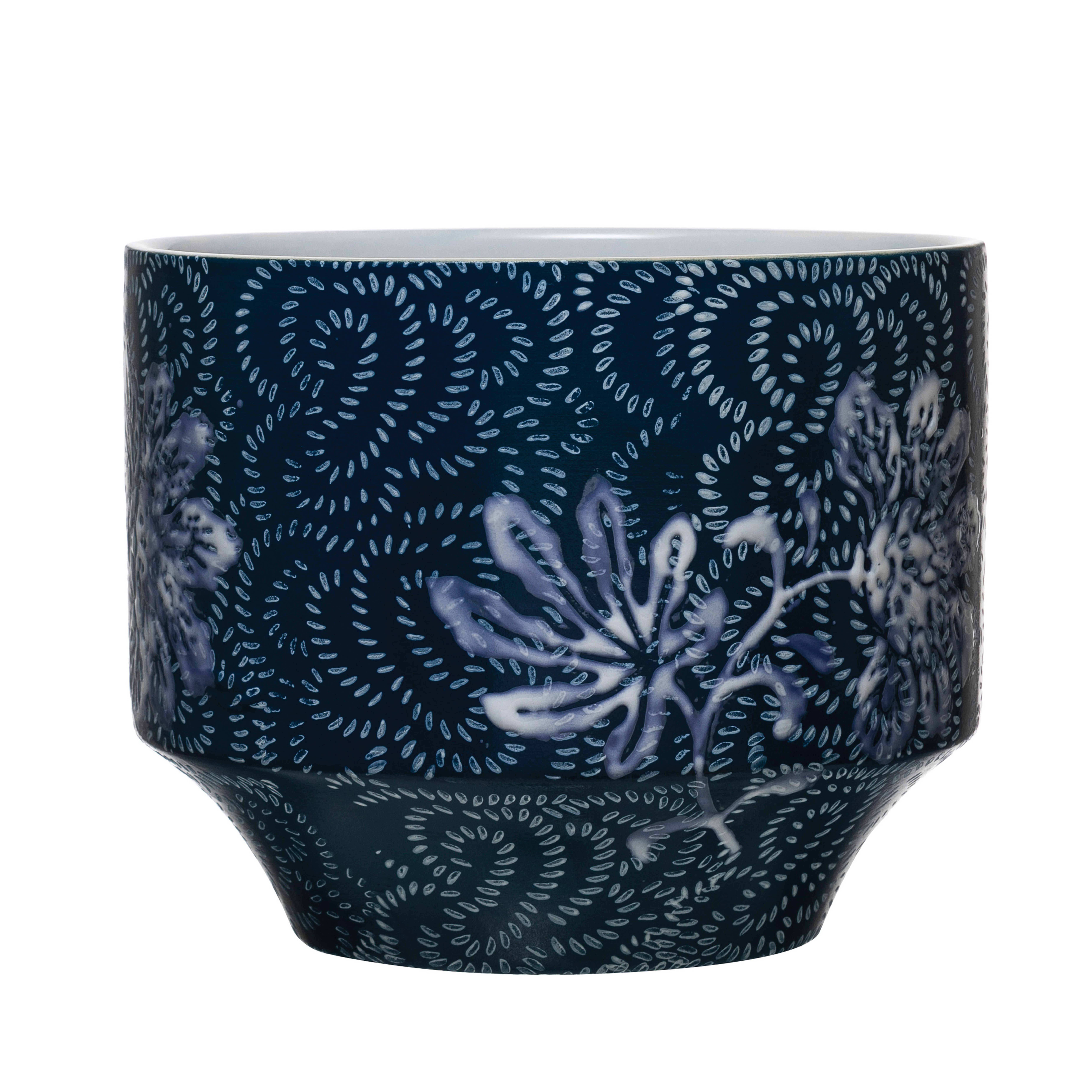 Stoneware Planter with Floral Pattern, Blue & White (Holds 4" Pot) - Creative Co-Op