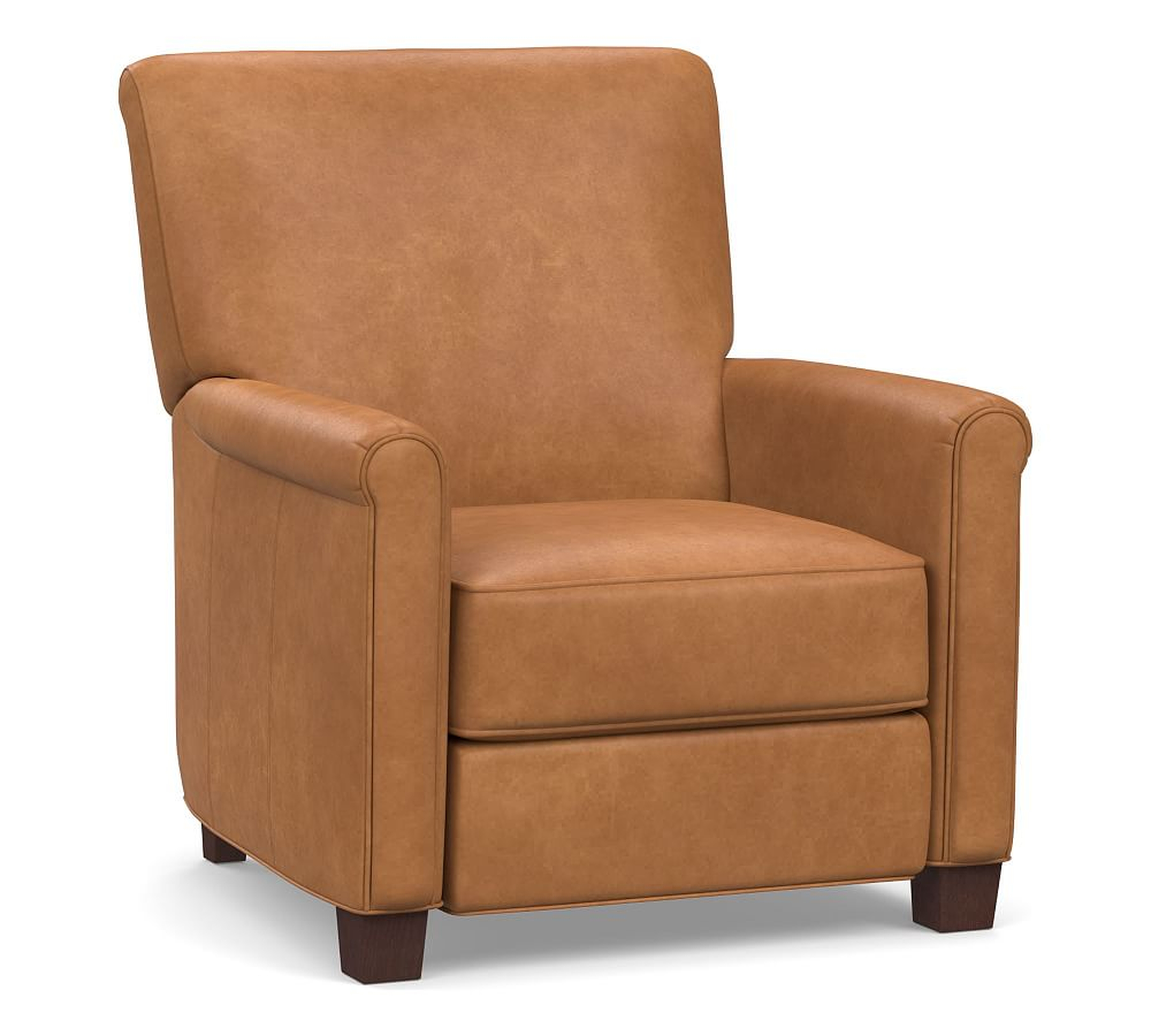 Irving Roll Arm Leather Recliner, Polyester Wrapped Cushions, Churchfield Camel - Pottery Barn