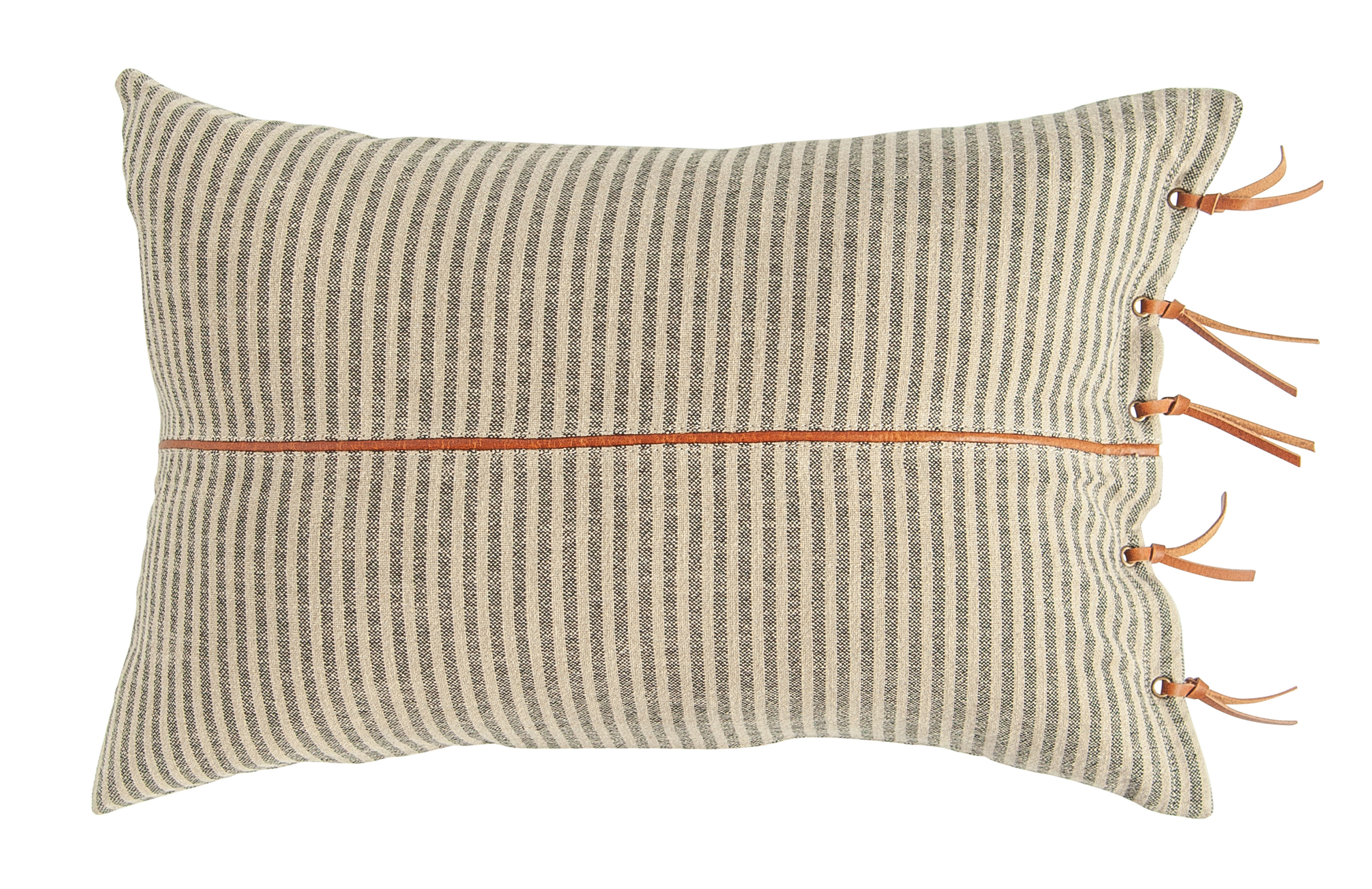Beige & Black Striped Cotton Ticking Lumbar Pillow with Leather Trim - Nomad Home