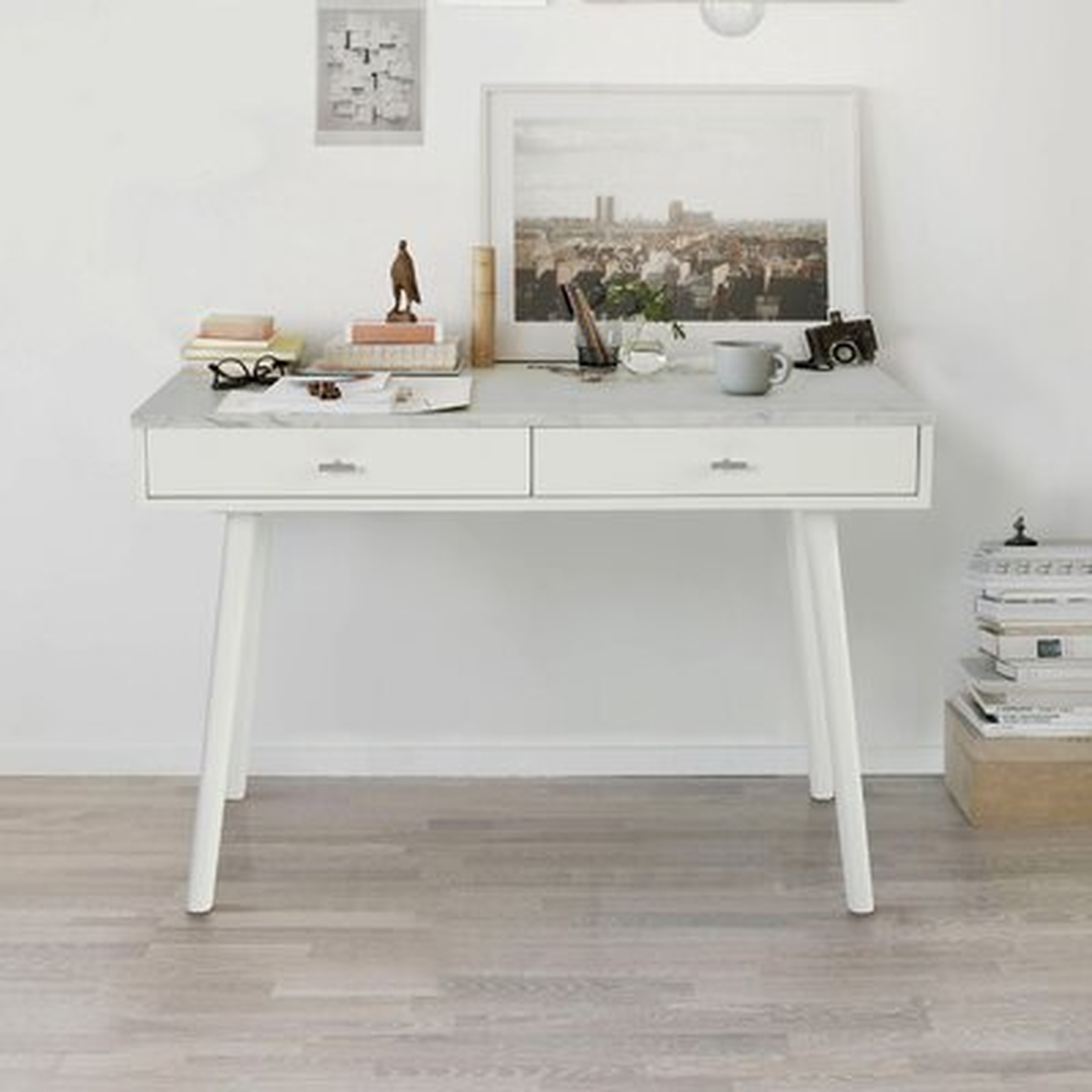 Tamesna 44" Rectangular Italian Carrara White Marble Writing Desk With Black Legs - Wayfair