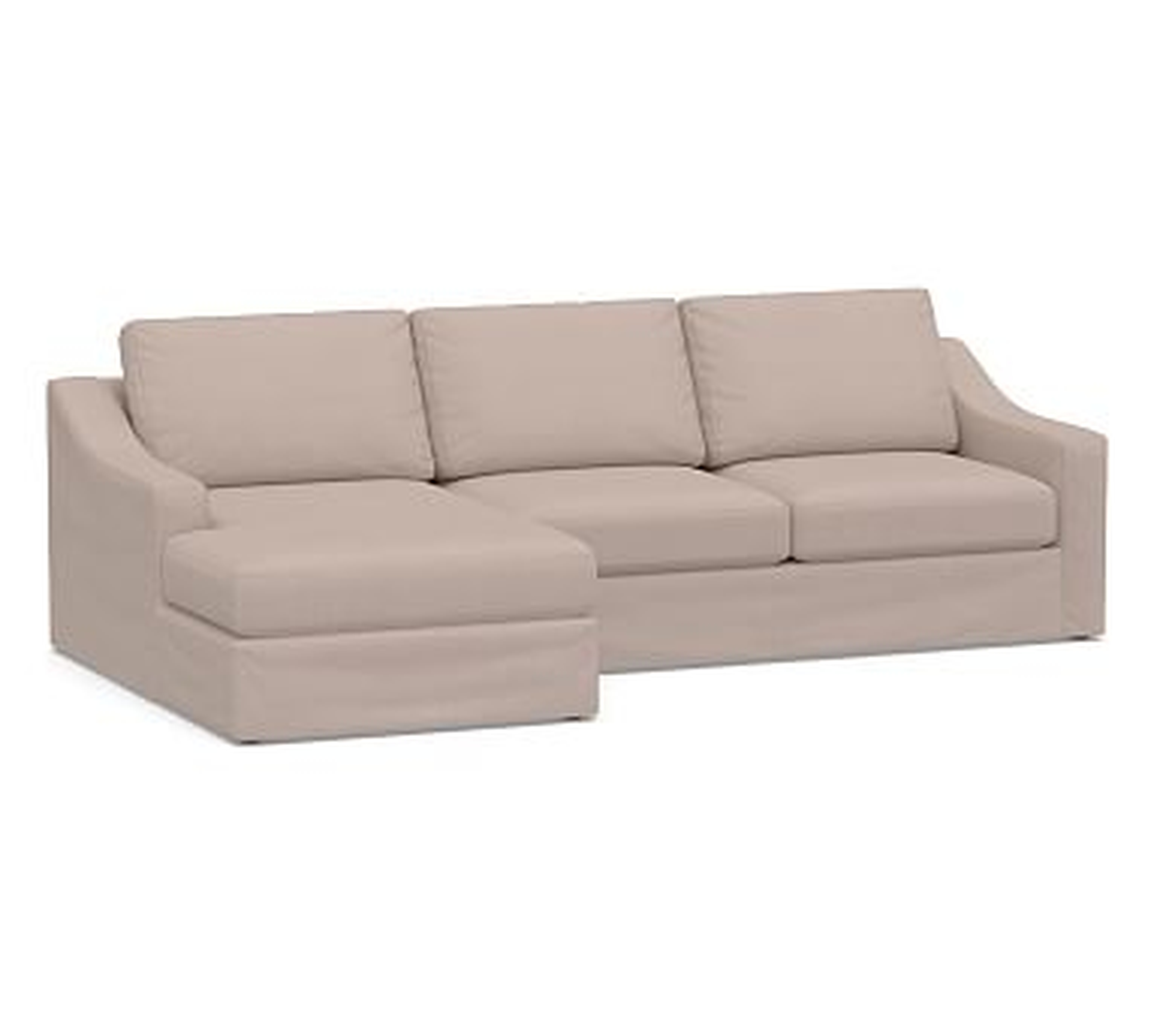 Big Sur Slope Arm Slipcovered Right Arm Loveseat with Chaise Sectional, Down Blend Wrapped Cushions, Performance Heathered Tweed Desert - Pottery Barn