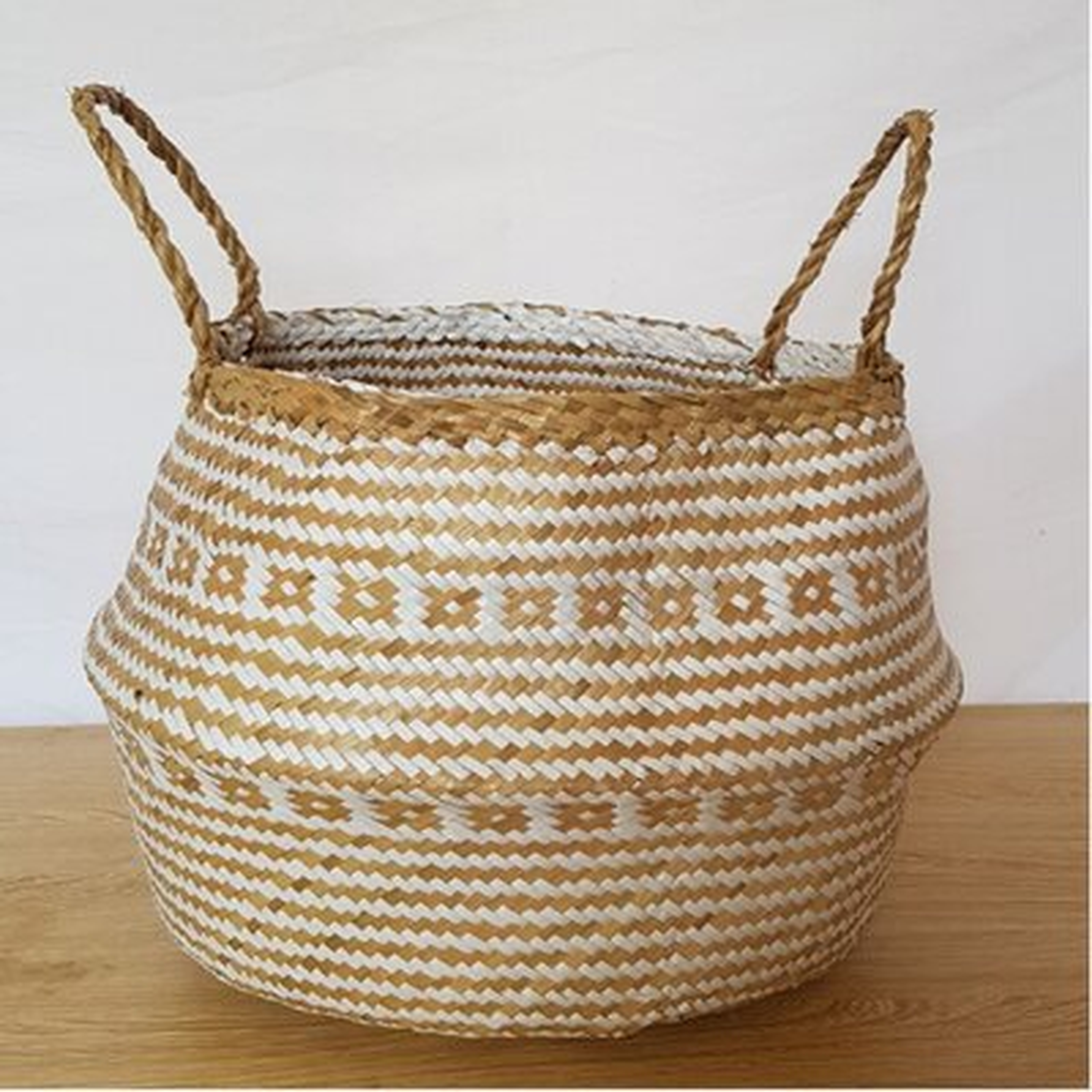 13" Natural and White Seagrass Belly Basket with Handles - Wayfair