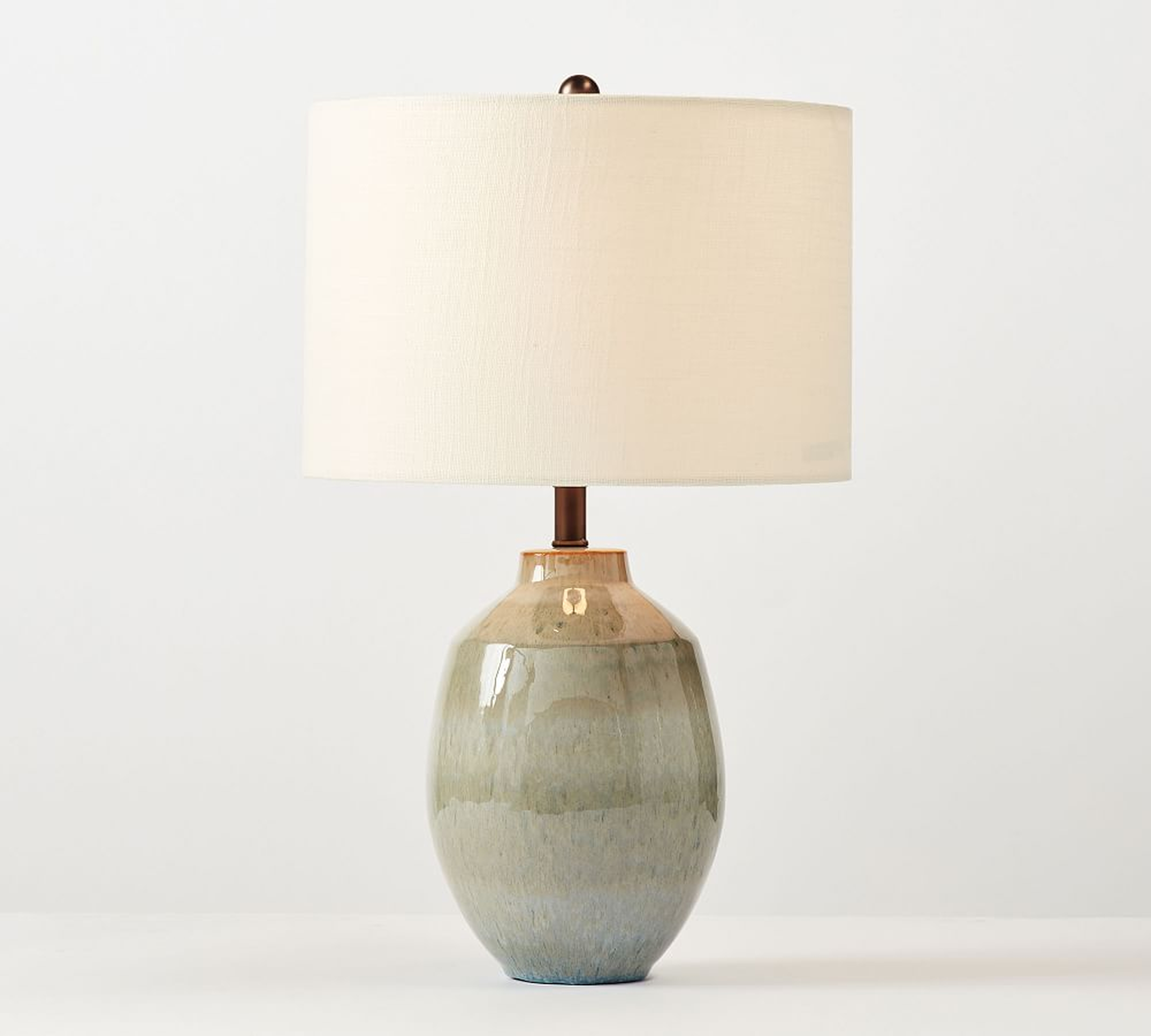 Ezra Ceramic Table Lamp, Reactive Glaze, Small with Small White Textured SS Gallery Shade - Pottery Barn
