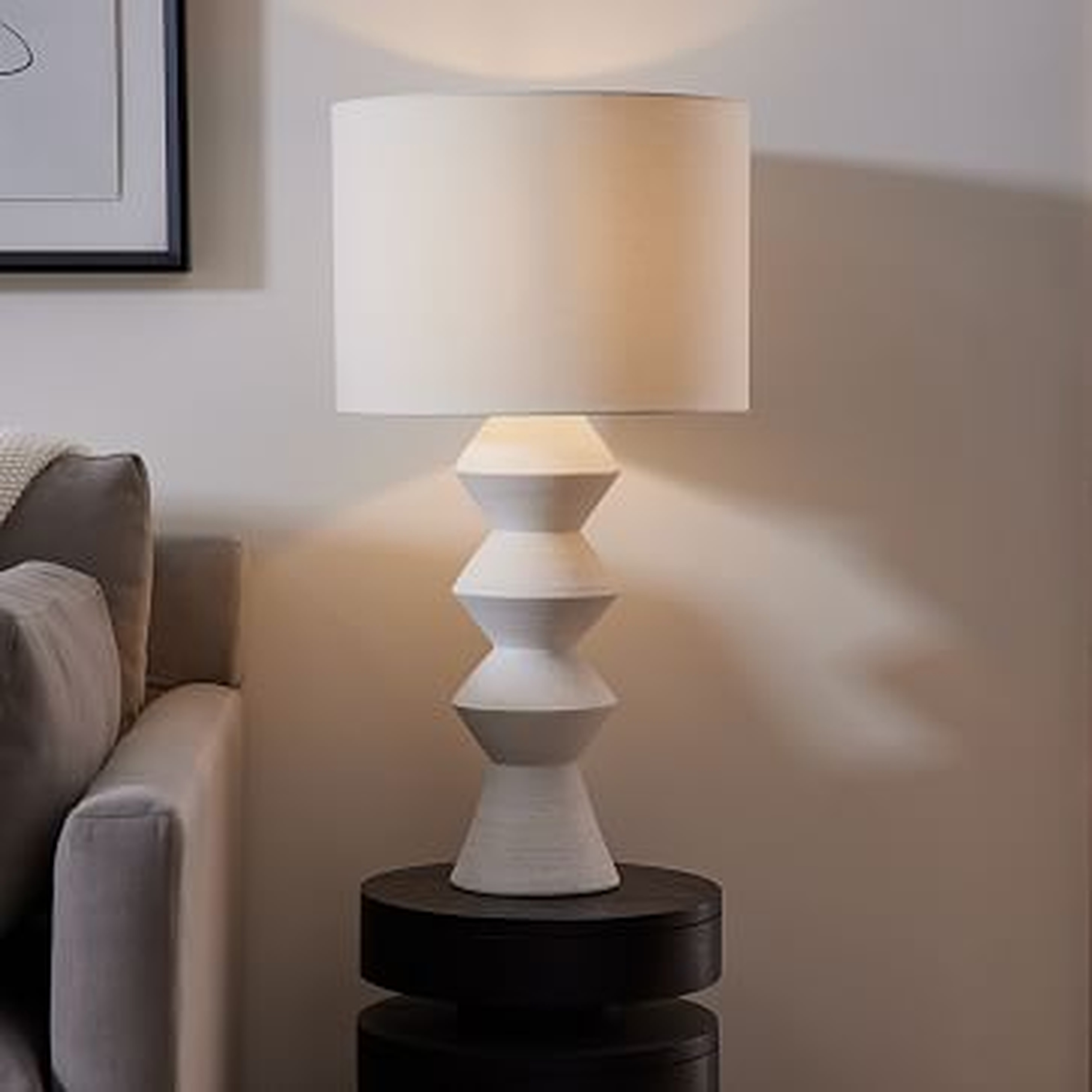 Diego Olivero Ceramic Shapes Table Lamp, 27", 11" Shade, White/White Linen - West Elm