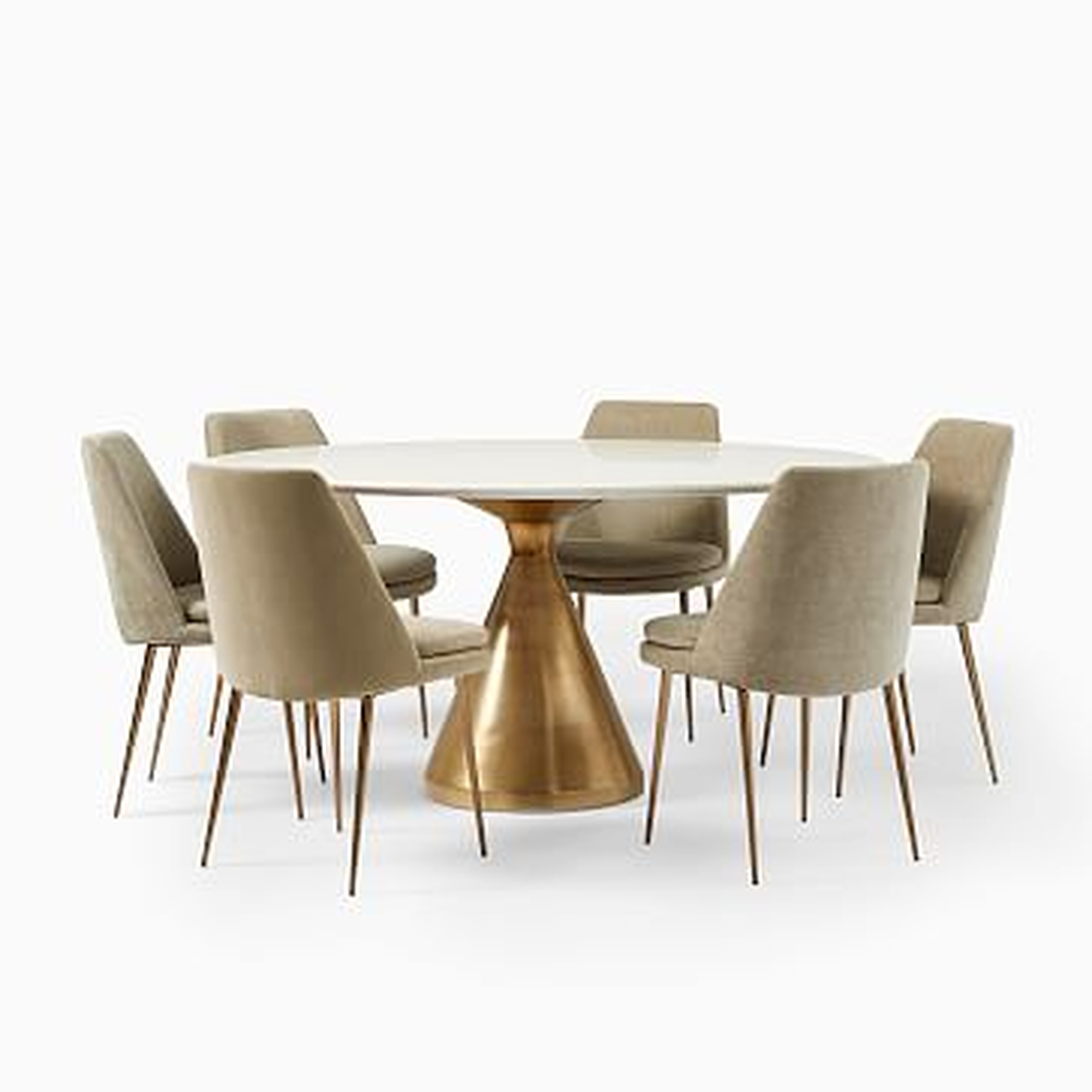 Silhouette Pedestal Round Dining Table (60") + 6 Finley Chair Set (Light Taupe) - West Elm