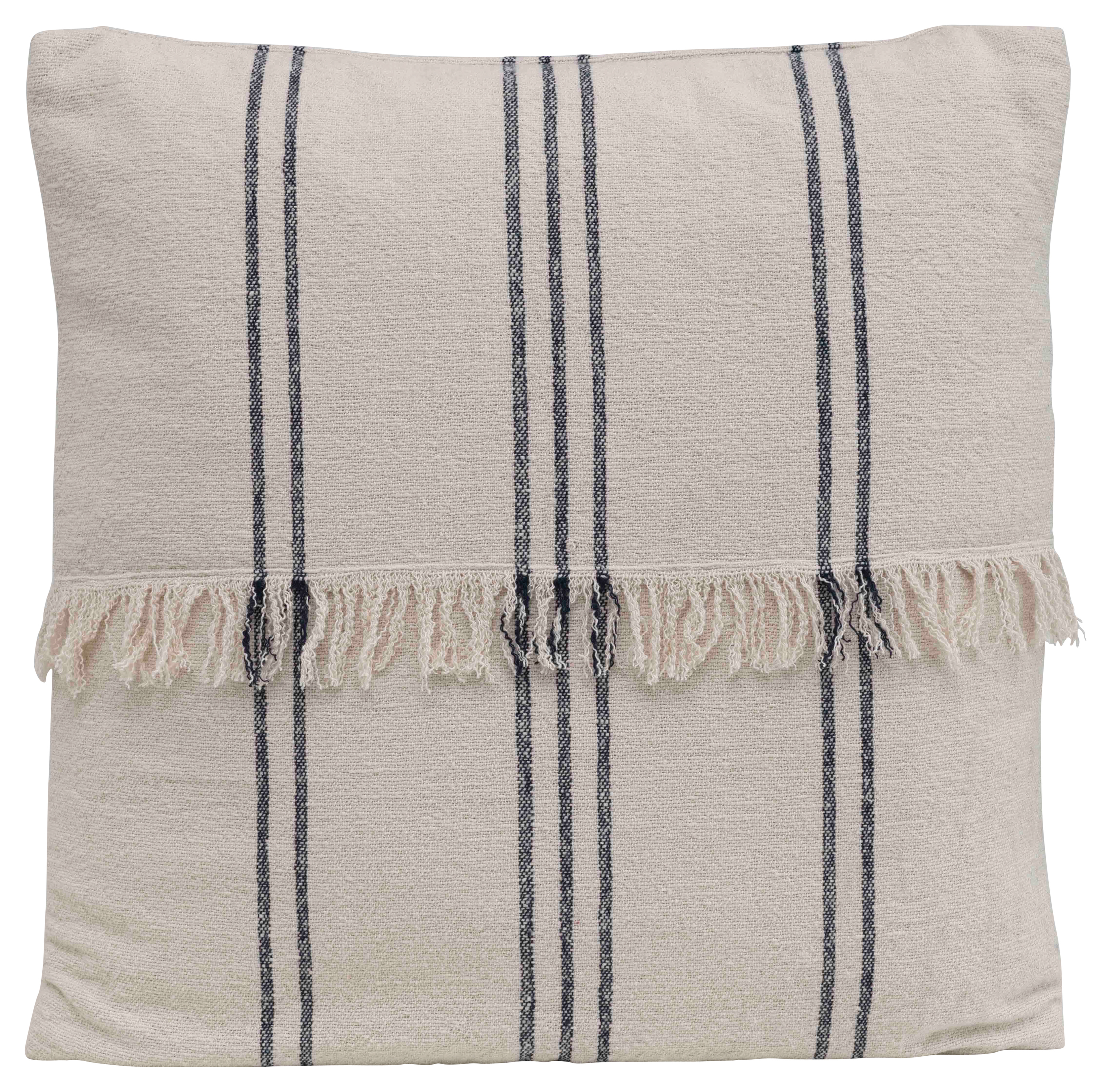 Square Striped Cotton Mudcloth Pillow with Fringe Center - Nomad Home