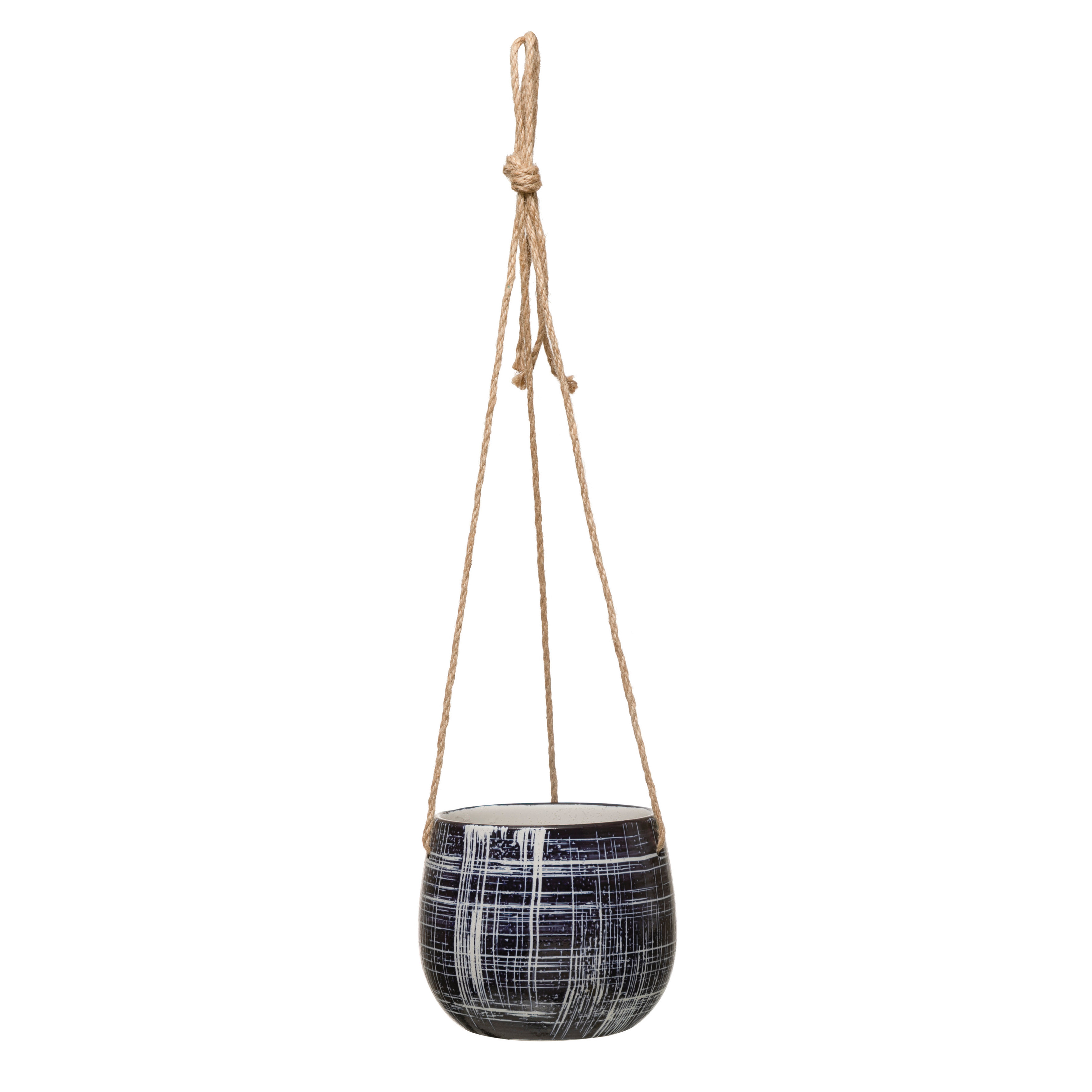 Round Hanging Stoneware Planter with Line Patterns and Jute Rope, Blue and Natural - Creative Co-Op