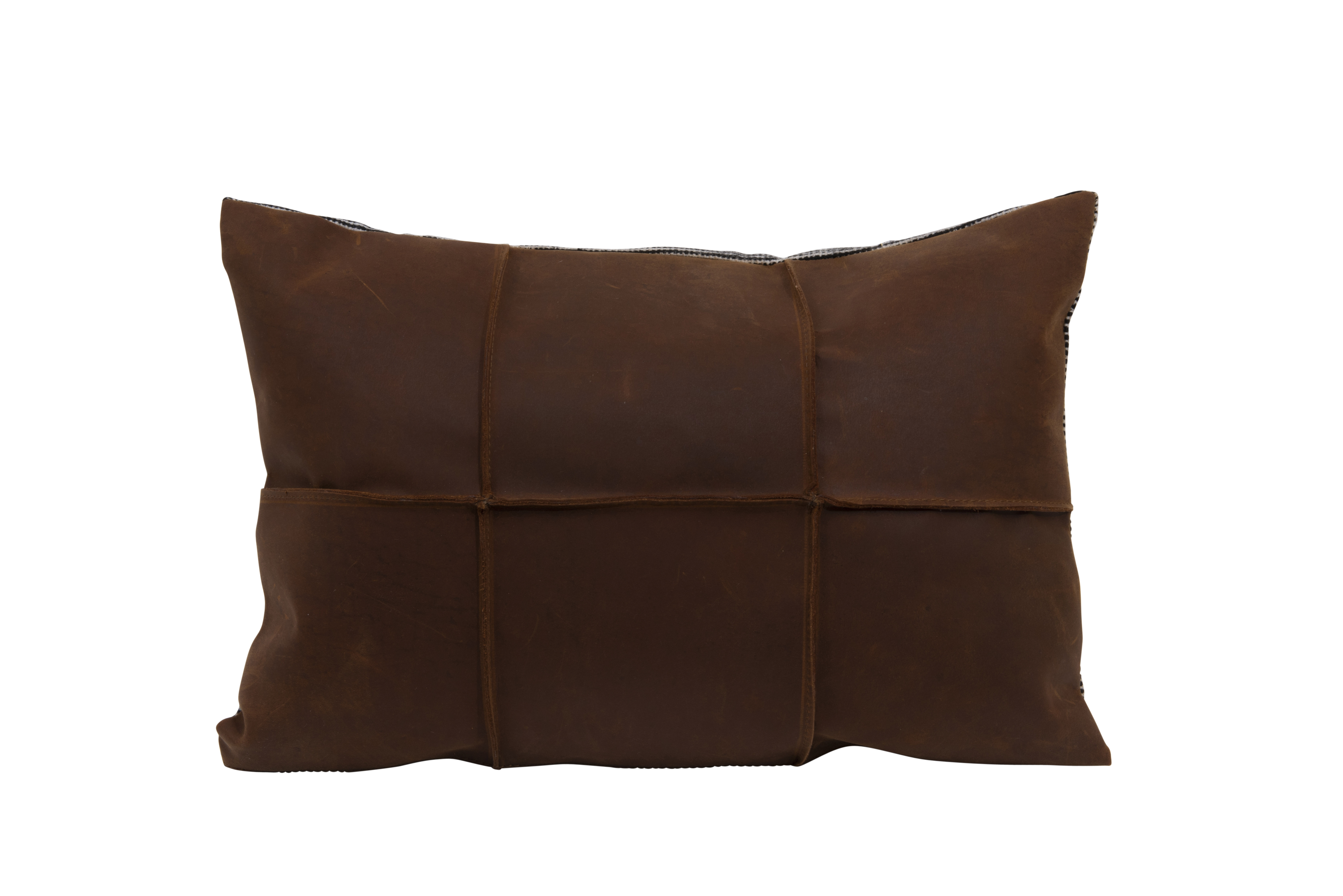 Brown Leather Pillow with Black & White Striped Felt Back - Nomad Home