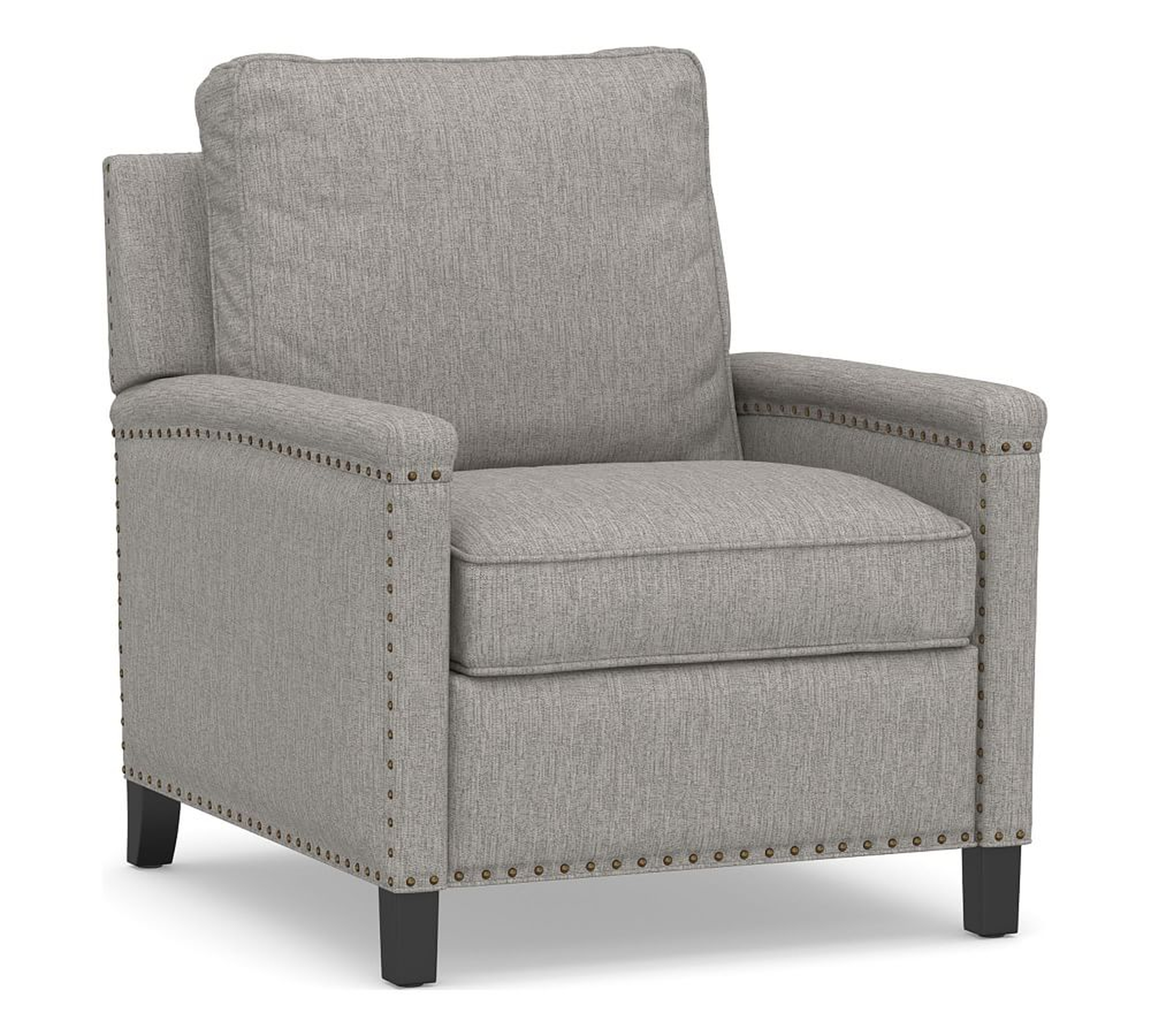 Tyler Square Arm Upholstered Recliner with Nailheads, Polyester Wrapped Cushions, Sunbrella(R) Performance Sahara Weave Charcoal - Pottery Barn