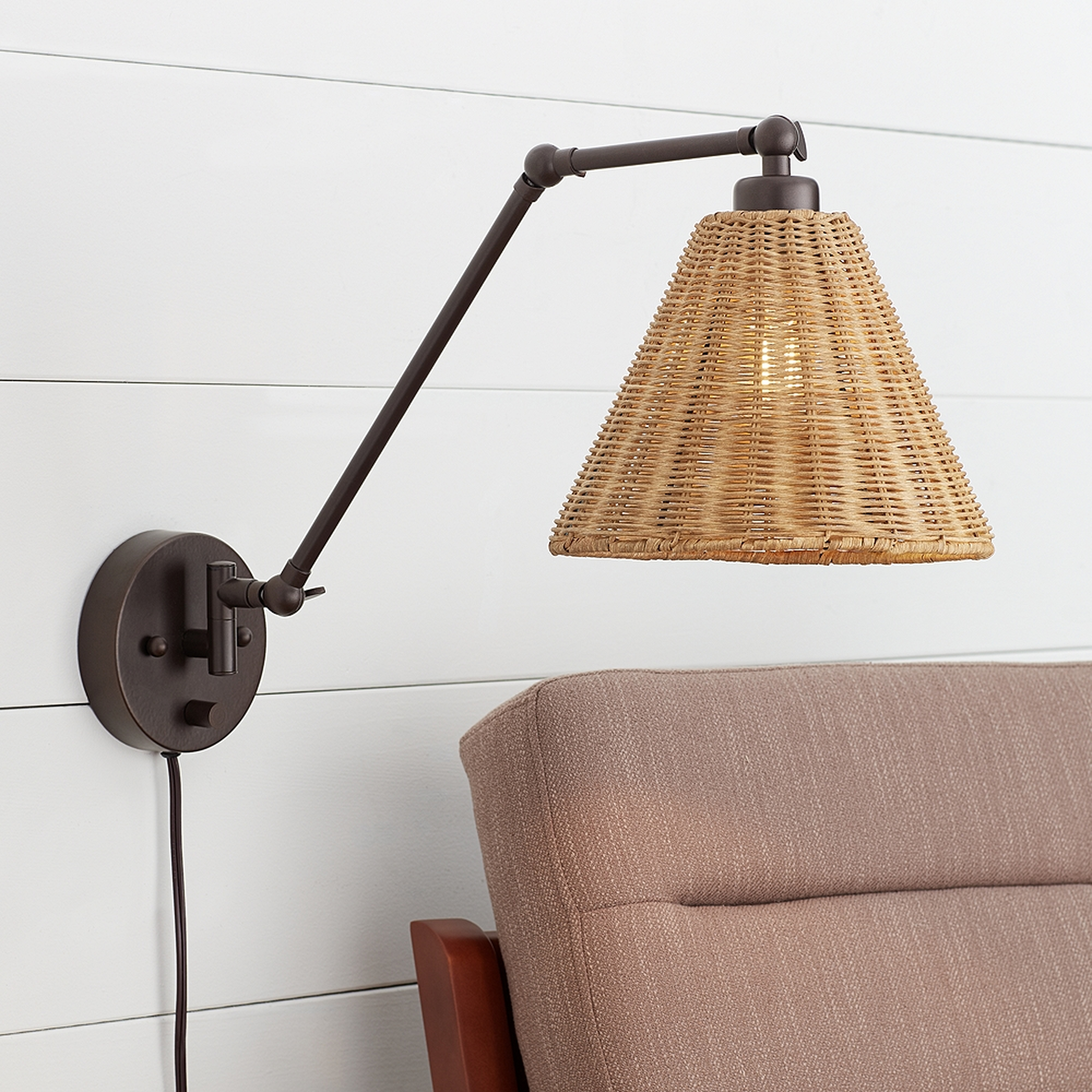 Rowlett Bronze Rattan Shade Plug-In Wall Lamp - Style # 73P51 - Lamps Plus