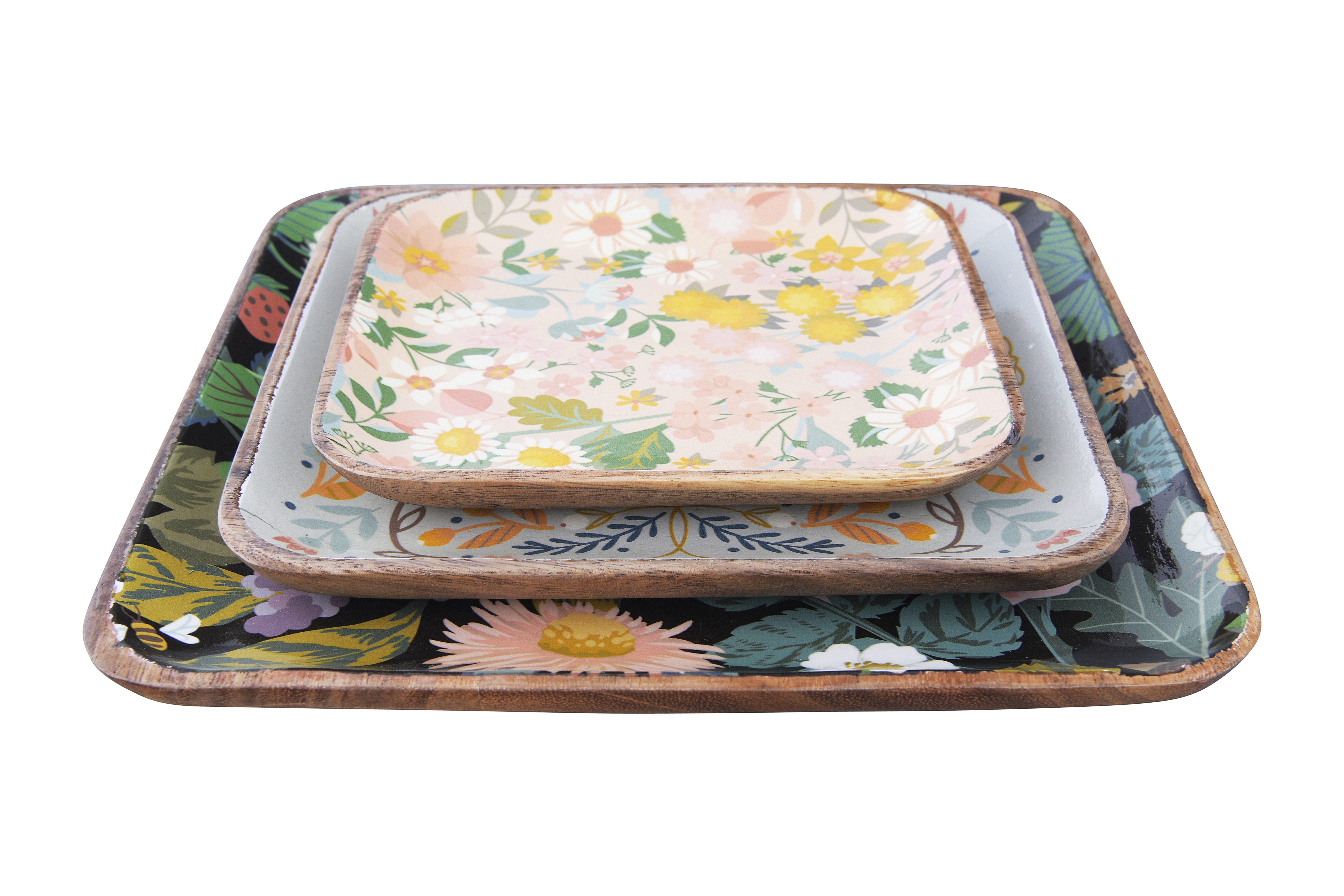 Square Enameled Acacia Wood Trays with Floral & Bee Patterns (Set of 3 Sizes/Patterns) - Nomad Home