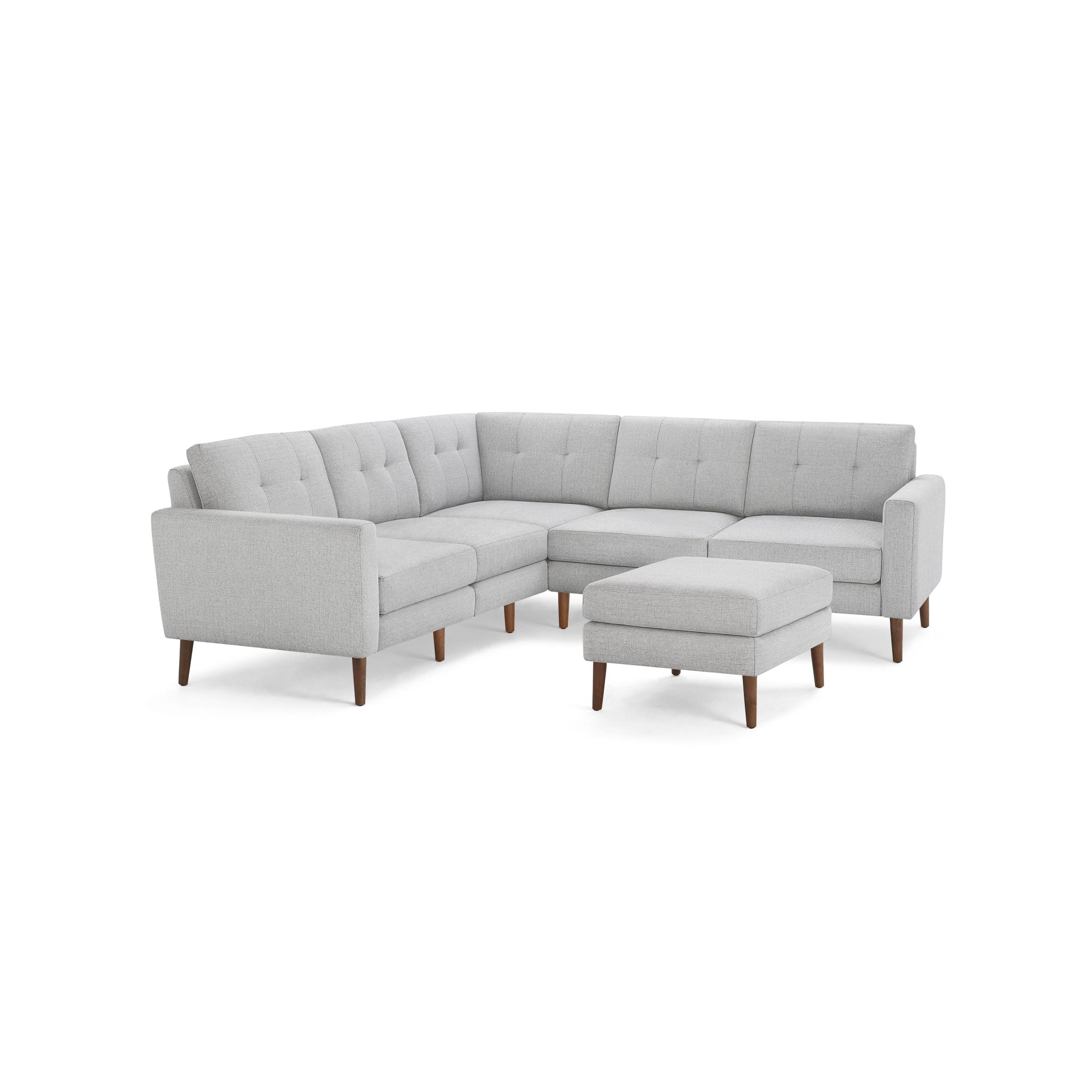 The Nomad 5-Seat Corner Sectional with Ottoman in Crushed Gravel, Walnut Legs - Burrow