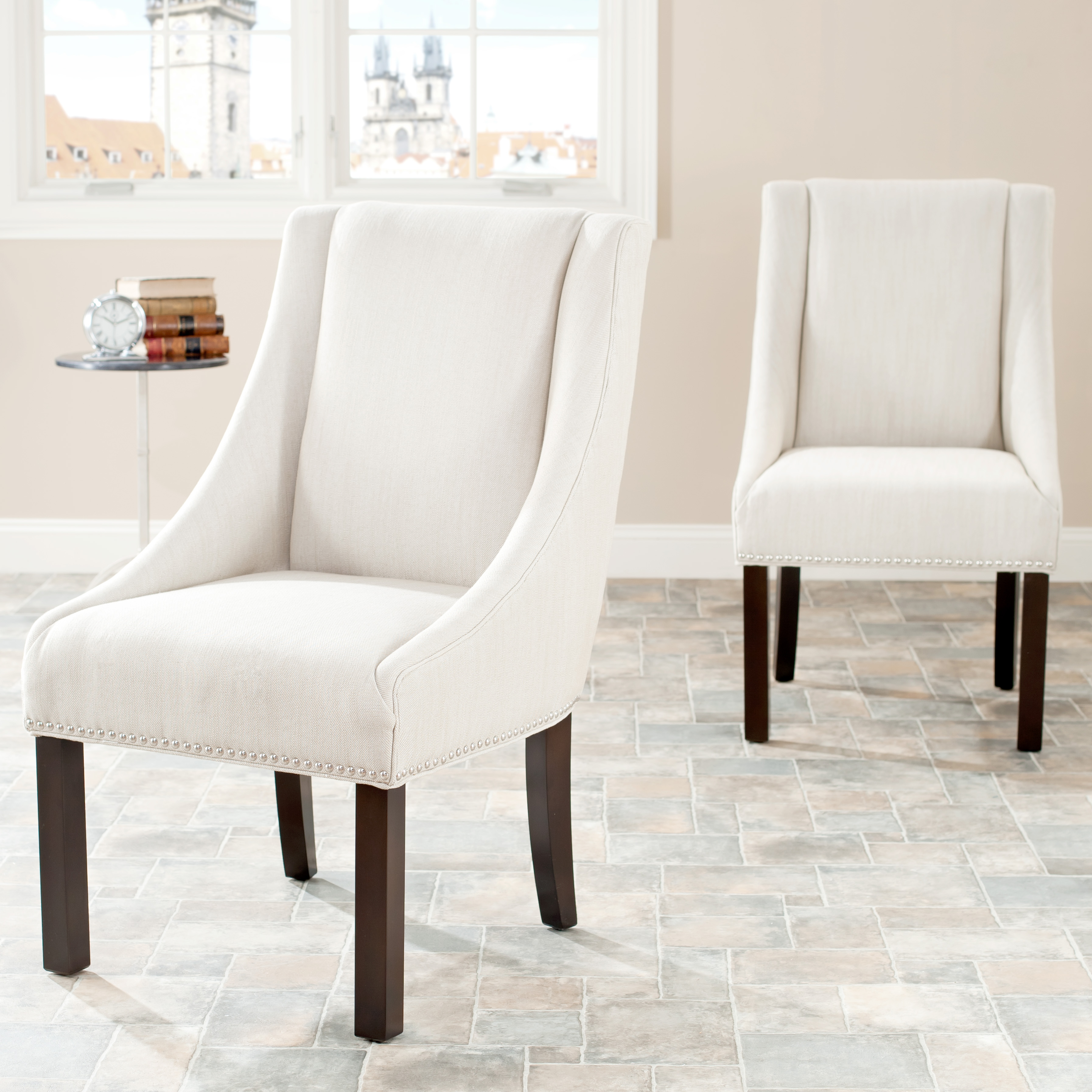 Morris 20''H Sloping Arm Dining Chair (Set Of 2) - Silver Nail Heads - Beige/Espresso - Arlo Home - Arlo Home