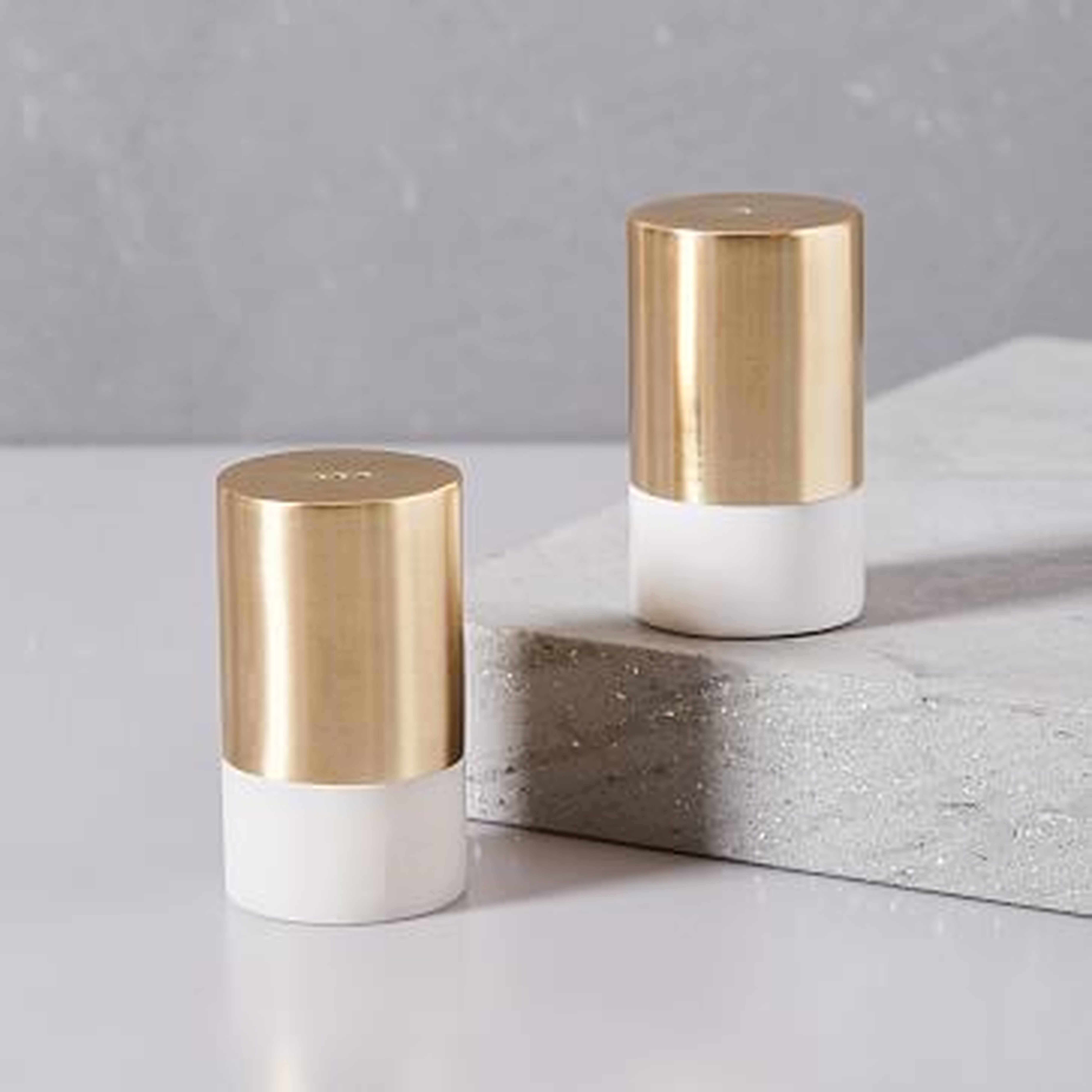 Marble and Brass Salt + Pepper Shakers, Set of 2, White - West Elm