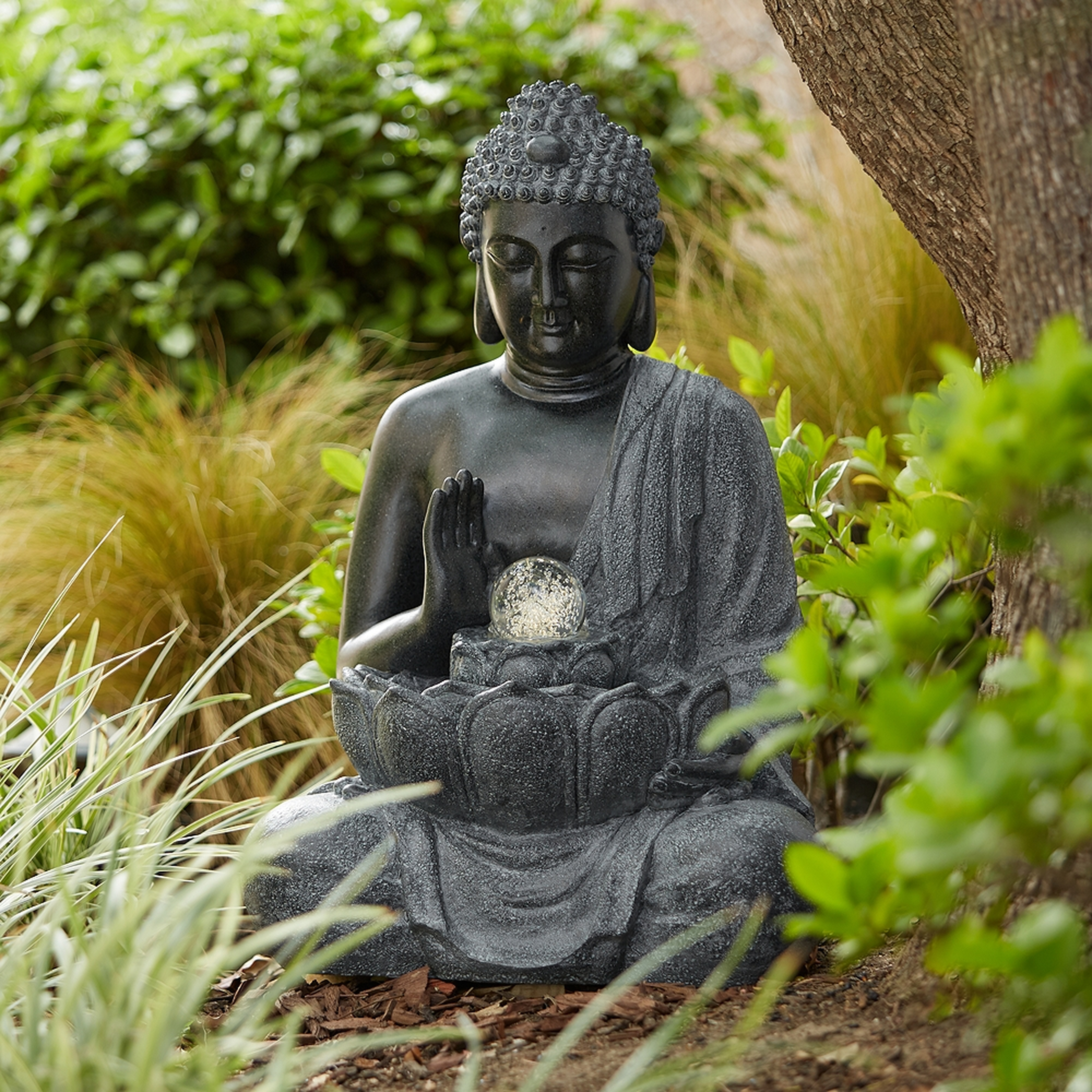 Sitting Buddha 28" High Stone Finish LED Water Fountain - Lamps Plus
