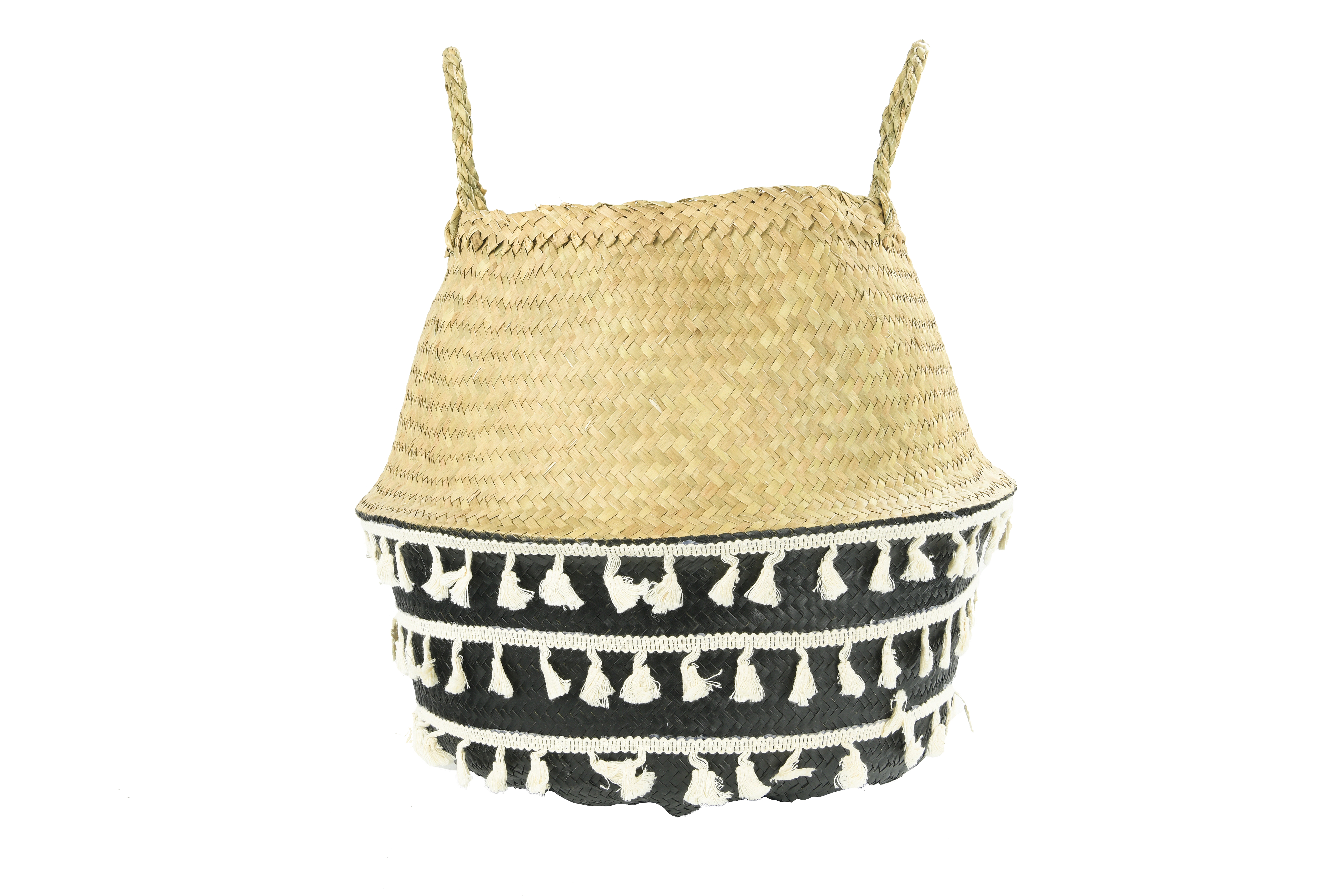 Beige & Black Natural Seagrass Collapsible Basket with Handles & White Tassels - Nomad Home