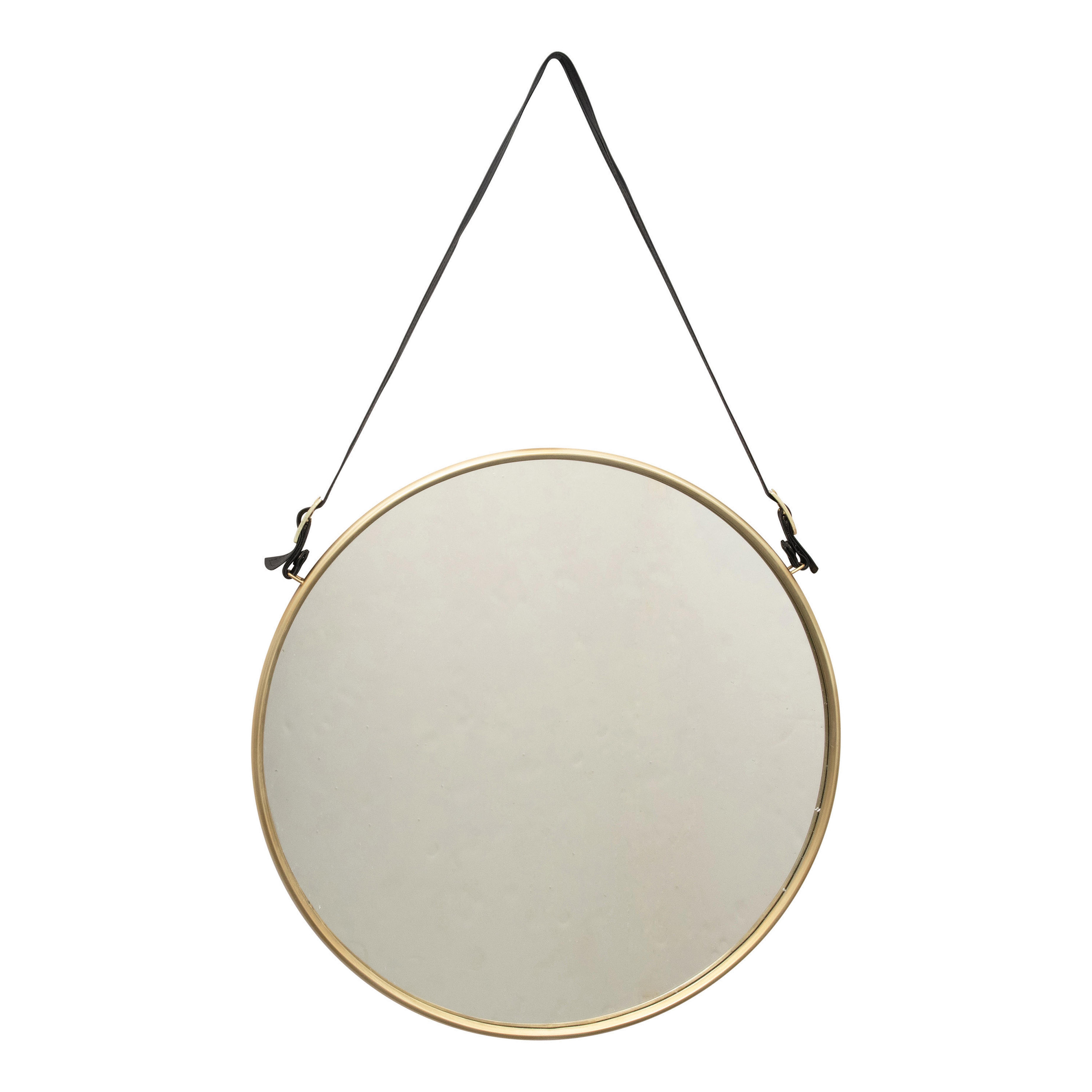 Round Metal & MDF Hanging Wall Mirror with Buckle Strap, Brushed Brass Finish - Creative Co-Op