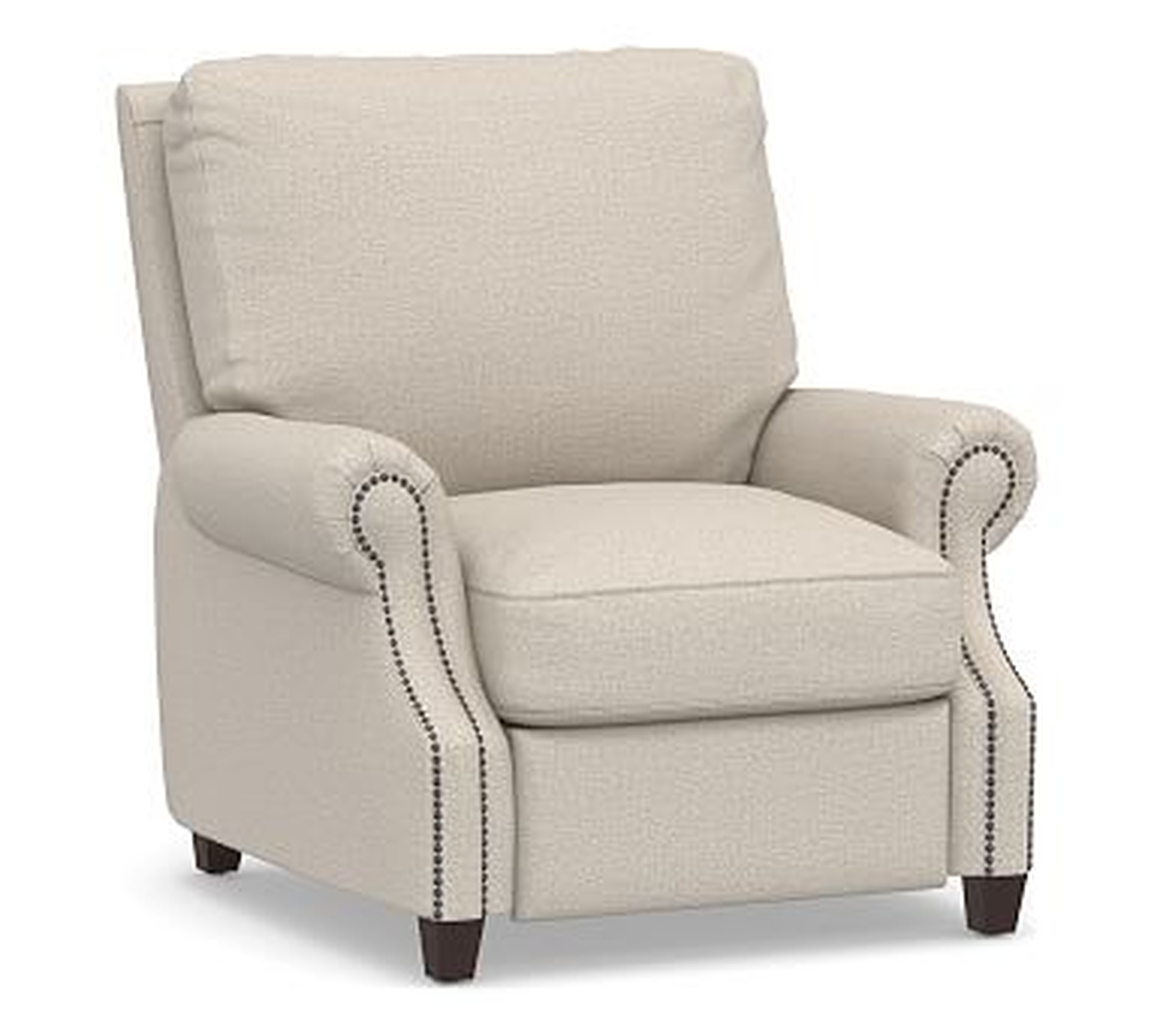 James Upholstered Recliner, Down Blend Wrapped Cushions, Performance Chateau Basketweave Oatmeal - Pottery Barn