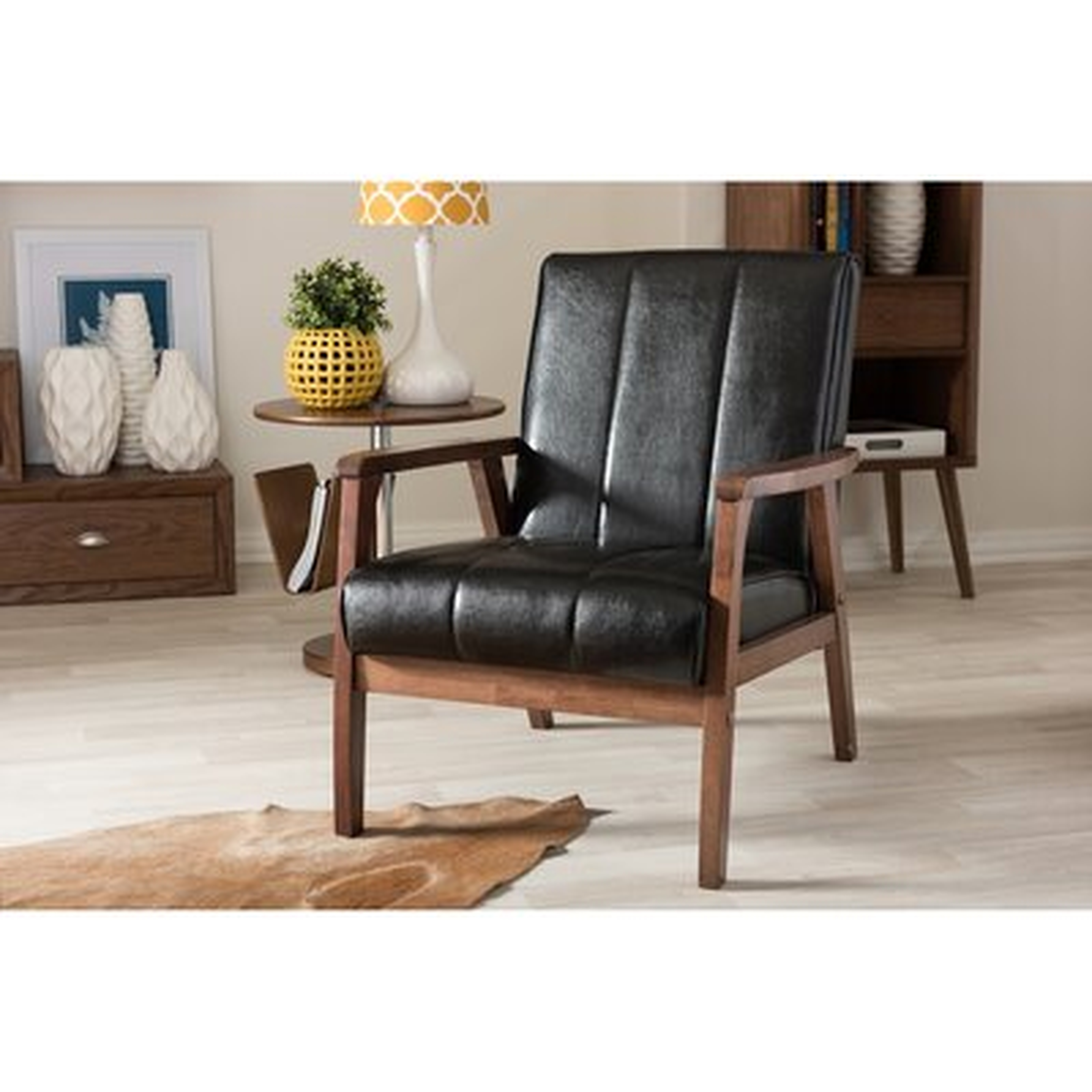 Mid-Century Modern Scandinavian Style Black Faux Leather Wooden Lounge Chair - Wayfair