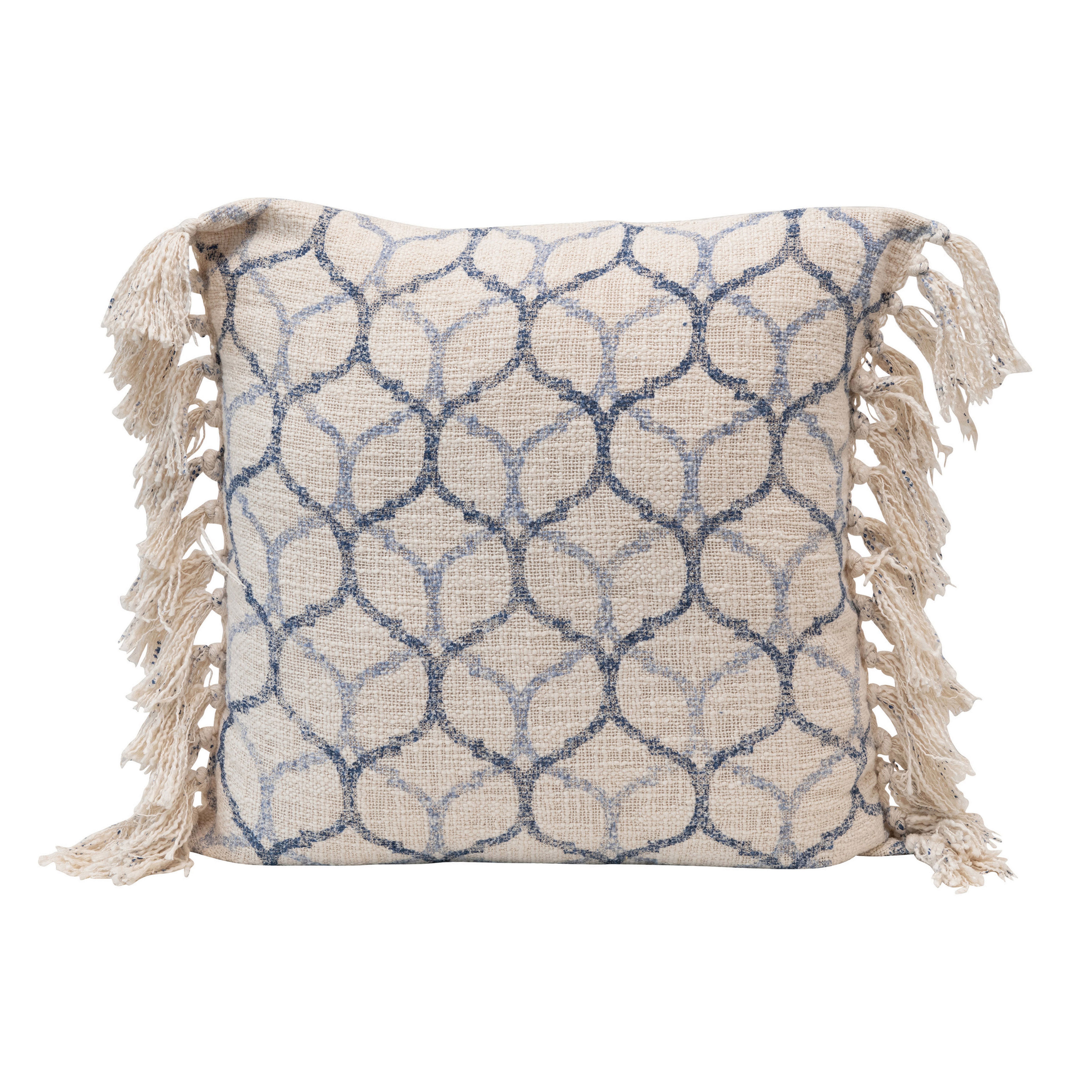 Stonewashed Cotton Blend Pillow with Ogee Pattern & Tassels, Blue & Cream Color - Creative Co-Op