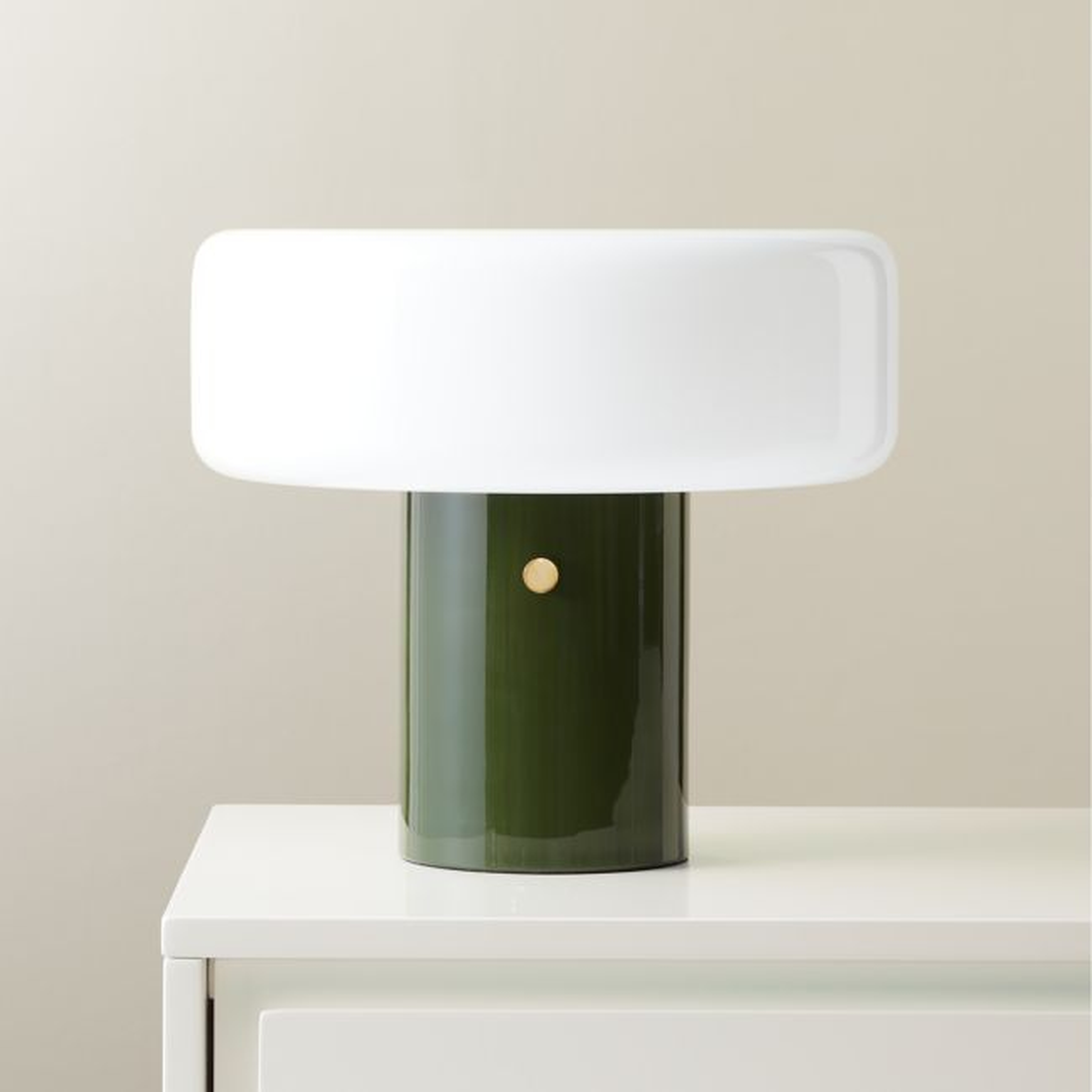 Pill High Gloss Olive Green Iron Table Lamp with Glass Shade by Bill Curry - CB2