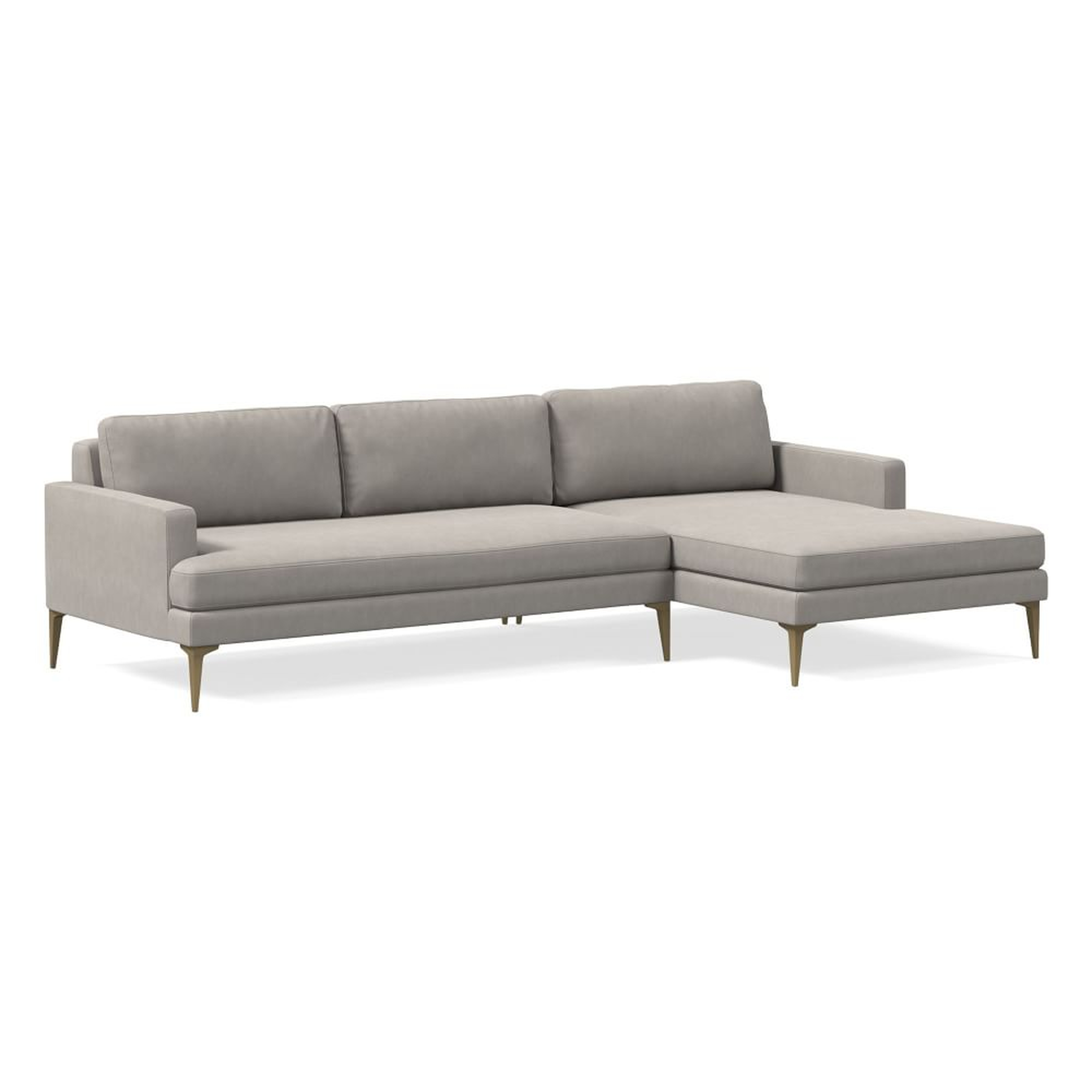 Andes 101" Right Multi Seat 2-Piece Chaise Sectional, Standard Depth, Deluxe Velvet, Pearl Gray, BB - West Elm