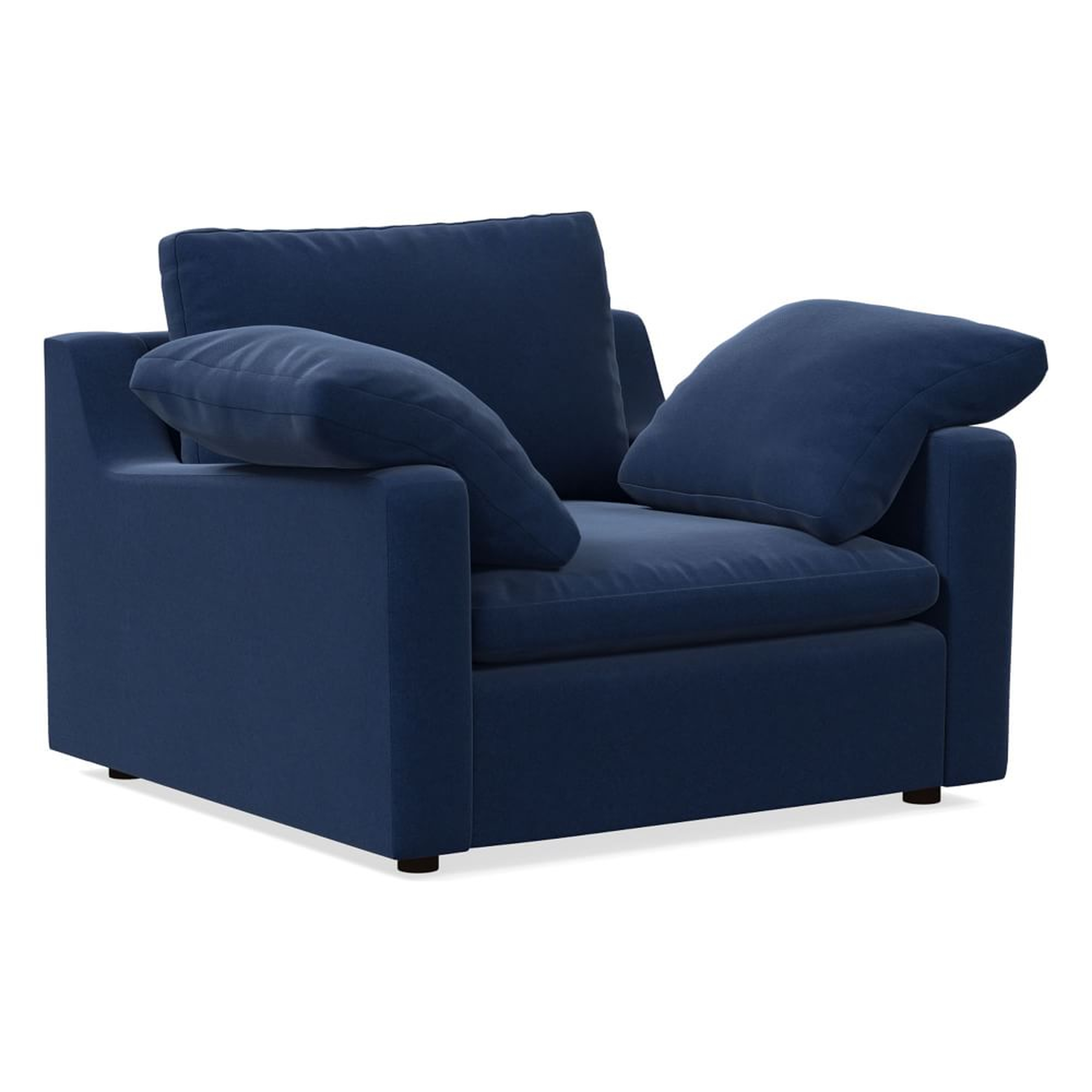 Harmony Swoop Arm Chair and a Half, Down, Performance Velvet, Ink Blue,Walnut - West Elm