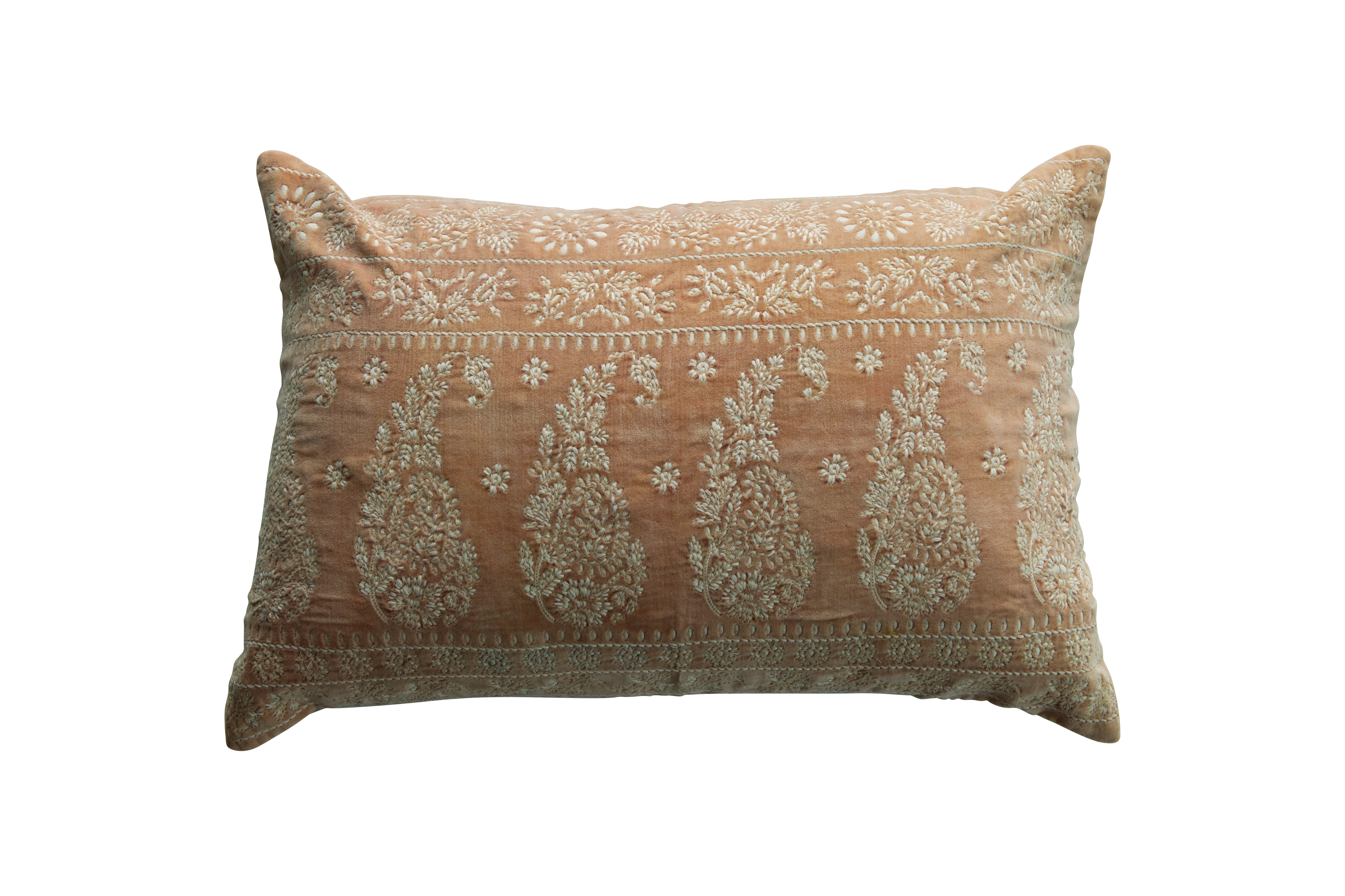 Ivory Cotton Velvet Embroidered Lumbar Pillow - Moss & Wilder