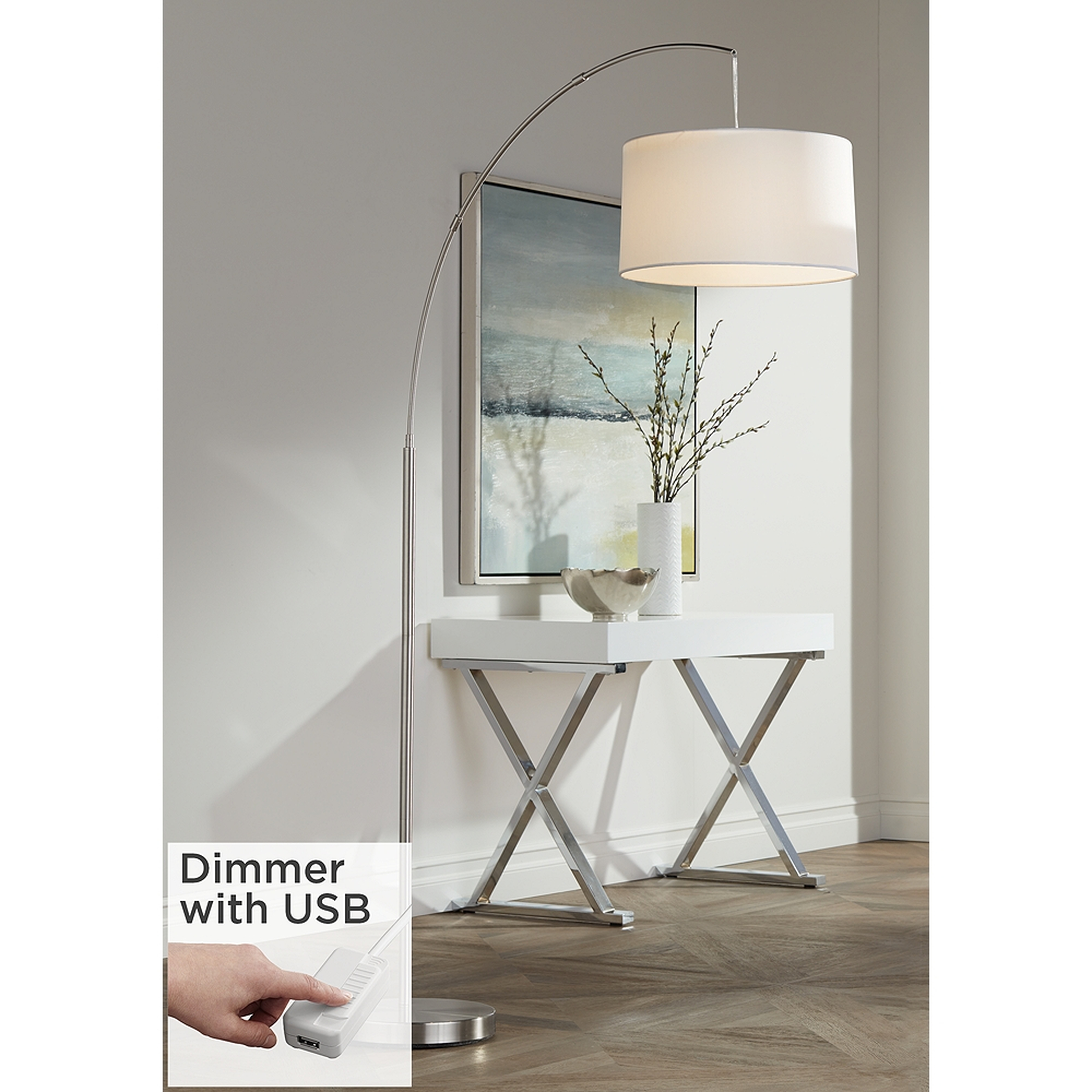 360 Lighting Cora 72" Brushed Nickel Arc Floor Lamp with USB Dimmer - Lamps Plus