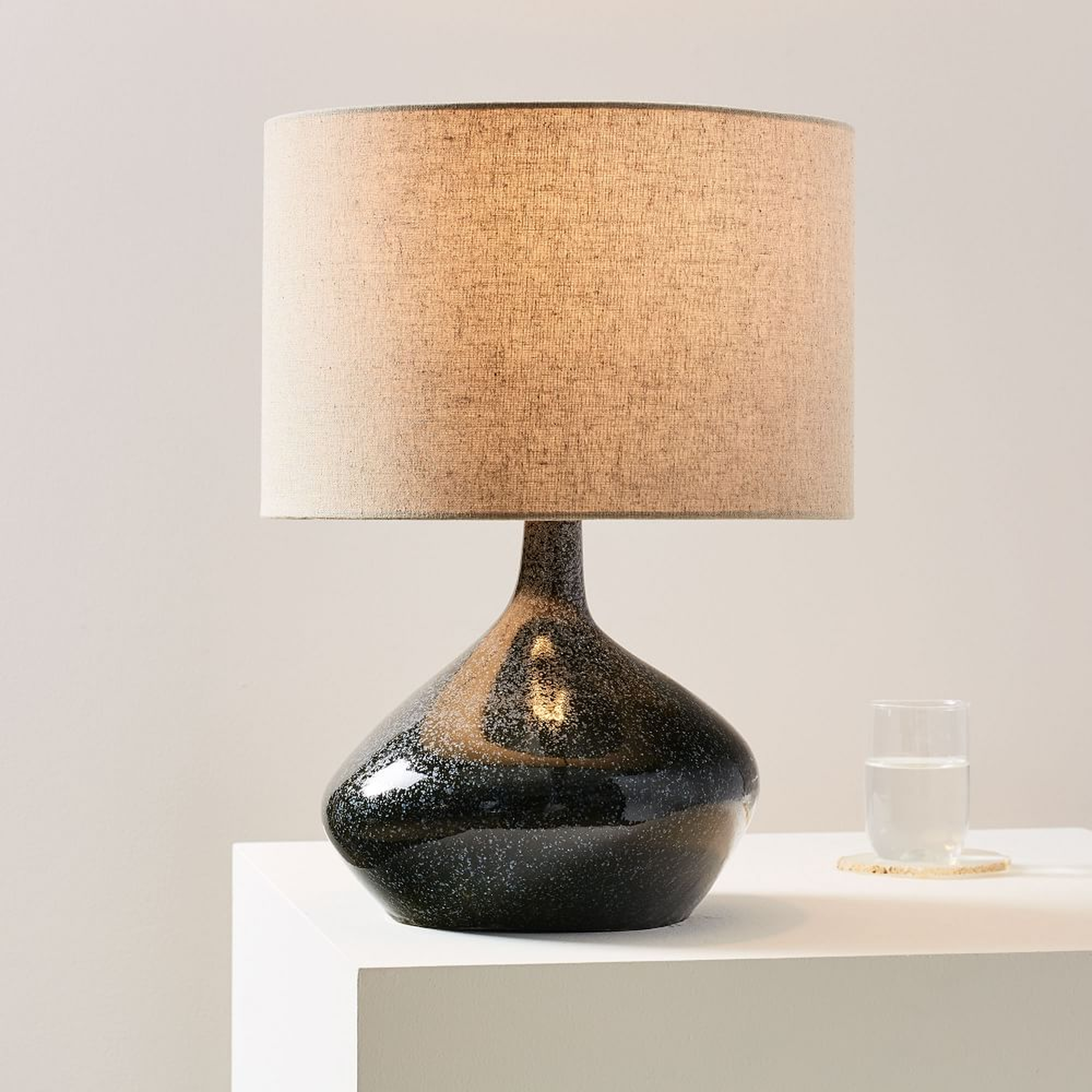 Asymmetric Ceramic Table Lamp Speckled Moss Natural Linen (19") - West Elm